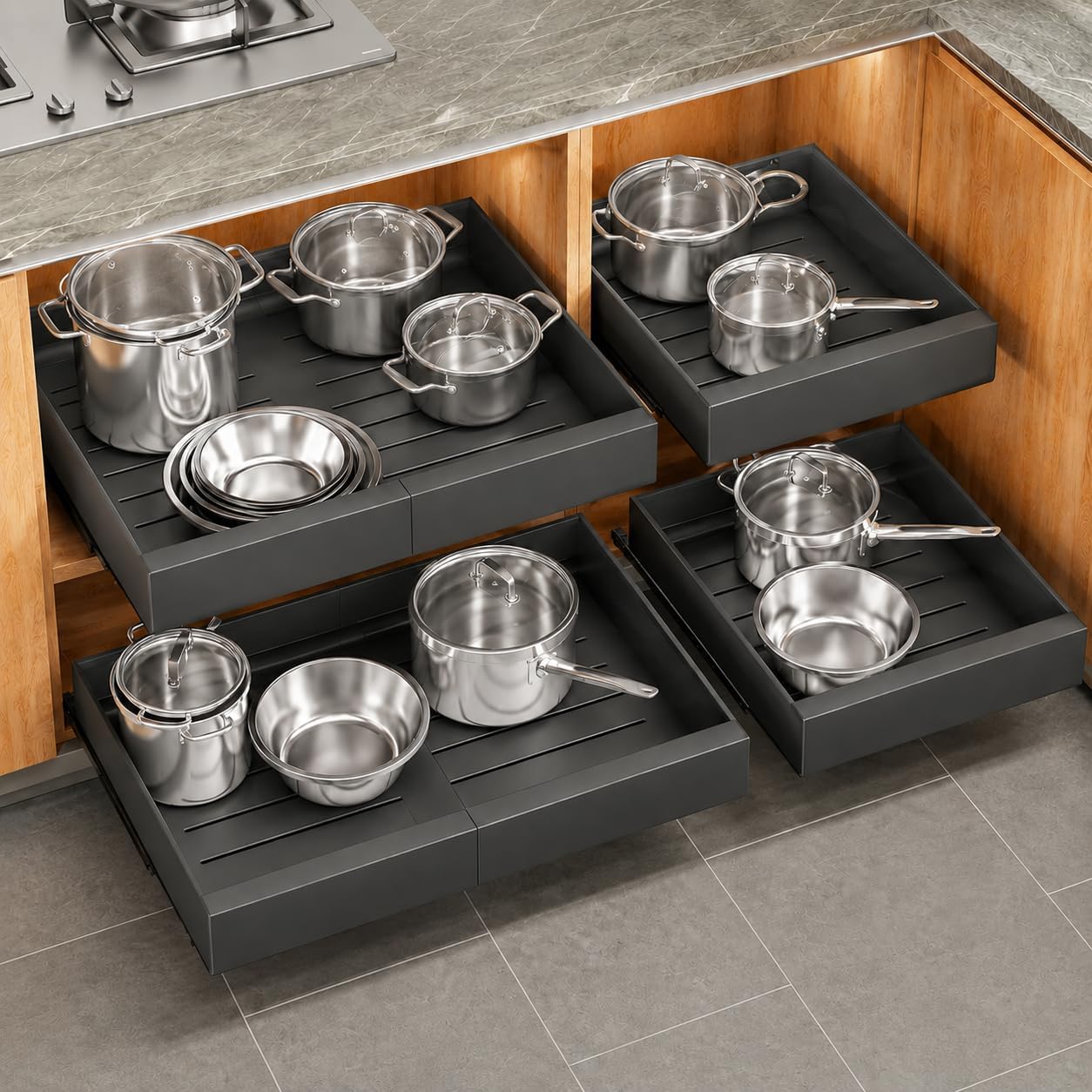 Expandable Stainless Steel Pull Out Cabinet Organizer & Slide Out Drawer