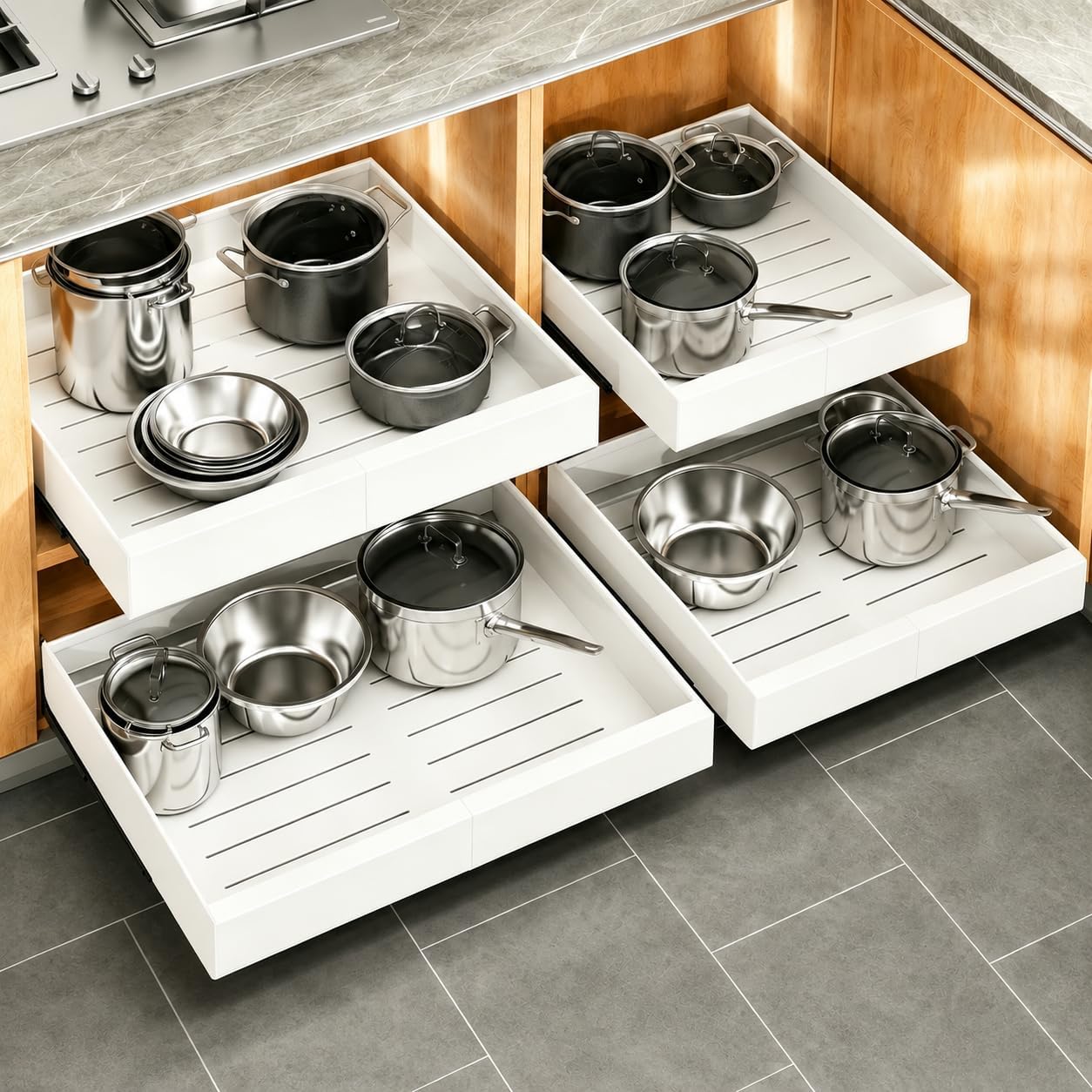 Expandable Stainless Steel Pull Out Cabinet Organizer & Slide Out Drawer