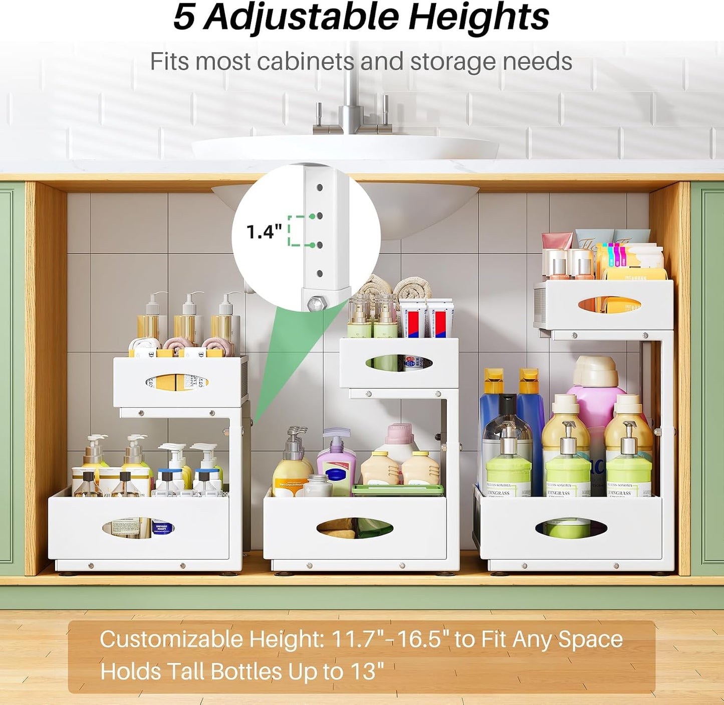 2-Tier L-Shaped Adjustable Height Under Sink Organizer & Cabinet Storage