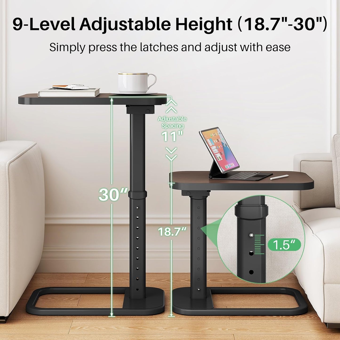 Adjustable Height TV Tray Table & C-Shaped Couch Snack Table