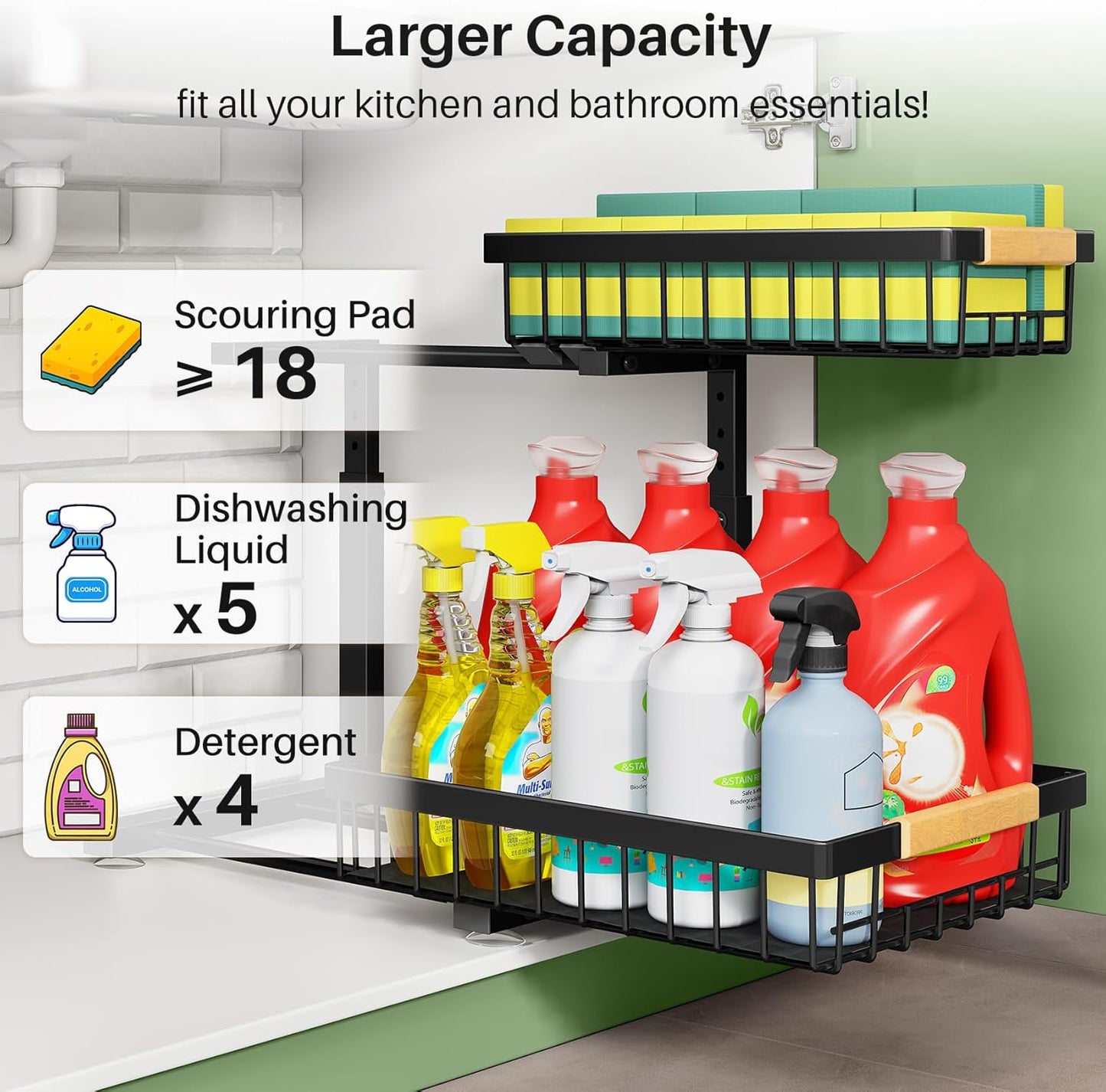 Under Sink Organizer, Metal 2-Tier, Slide out Shelf for Kitchen Bathroom Pantry Closet Organization Rack