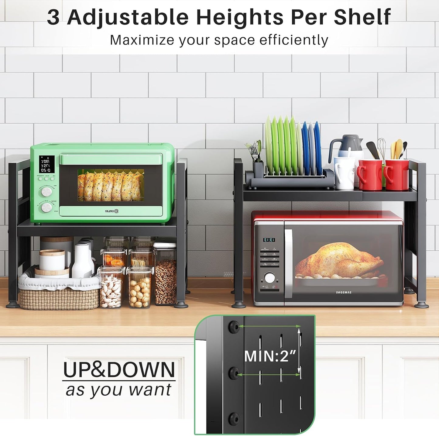 Expandable 2-Tier Microwave Stand & Heavy Duty Countertop Storage Rack