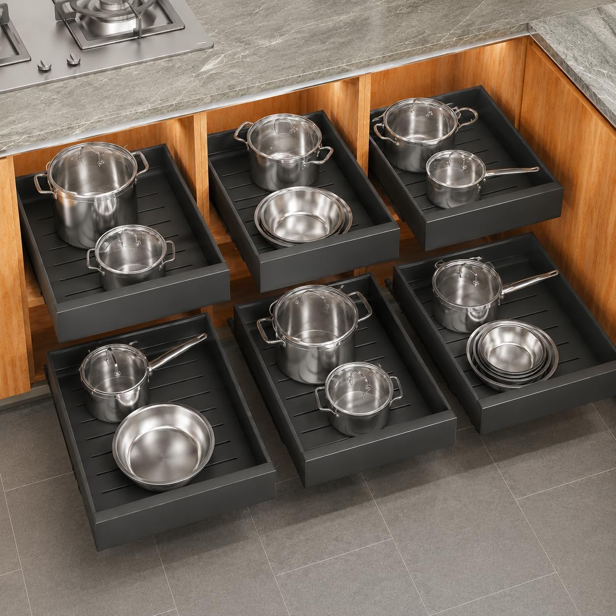 Expandable Stainless Steel Pull Out Cabinet Organizer & Slide Out Drawer