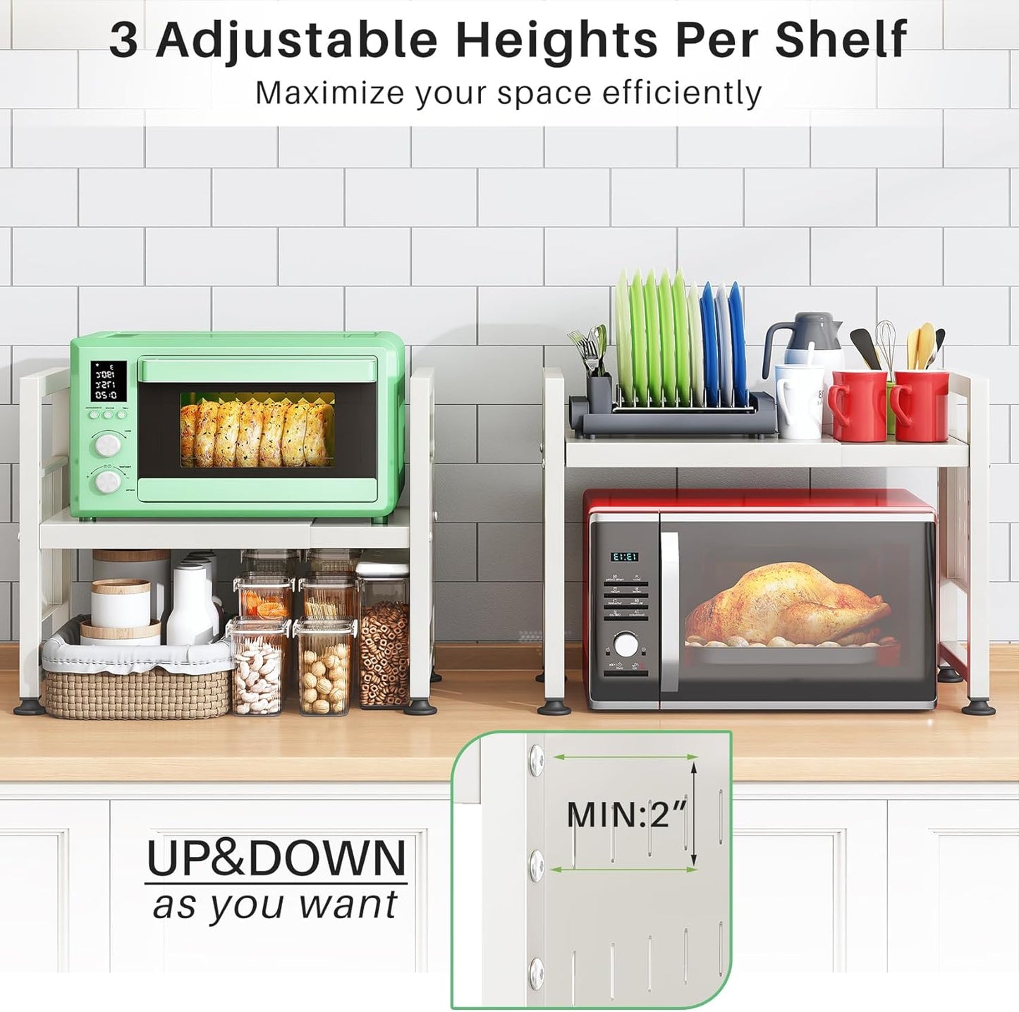 Expandable 2-Tier Microwave Stand & Heavy Duty Countertop Storage Rack