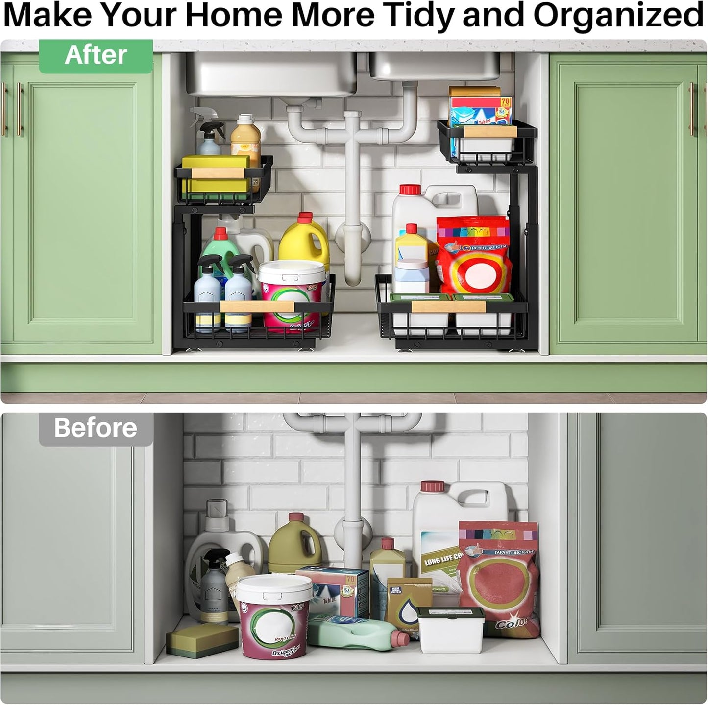 Under Sink Organizer, Metal 2-Tier, Slide out Shelf for Kitchen Bathroom Pantry Closet Organization Rack