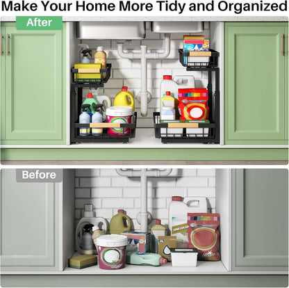 Under Sink Organizer, Metal 2-Tier, Slide out Shelf for Kitchen Bathroom Pantry Closet Organization Rack