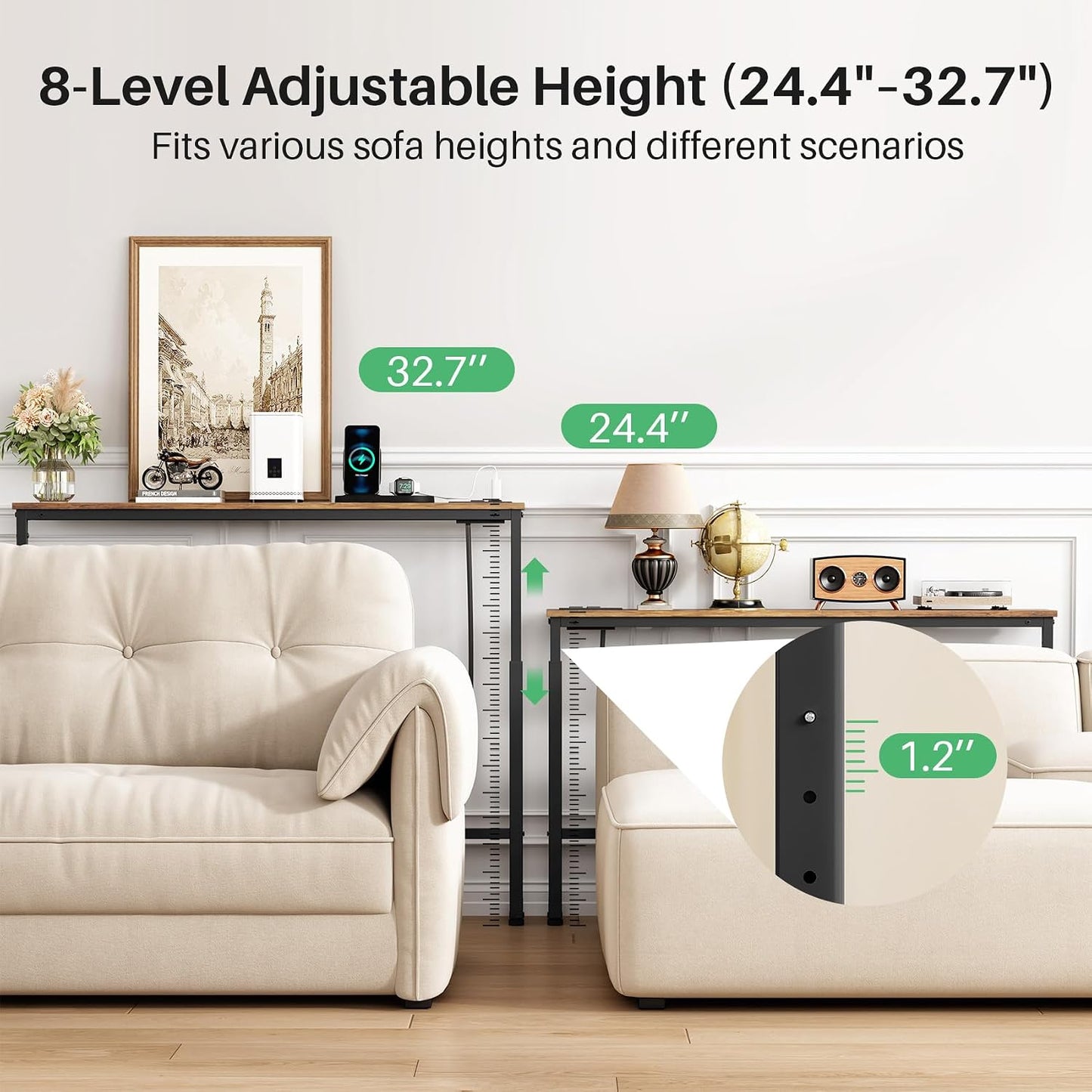 Adjustable Height Narrow Sofa Table with Charging Station & Modular Design