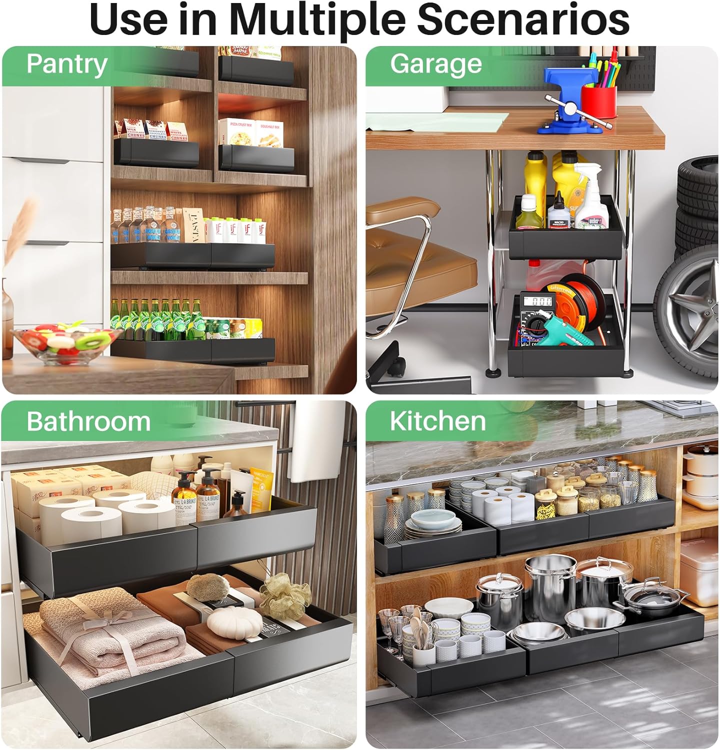 Expandable Stainless Steel Pull Out Cabinet Organizer & Slide Out Drawer