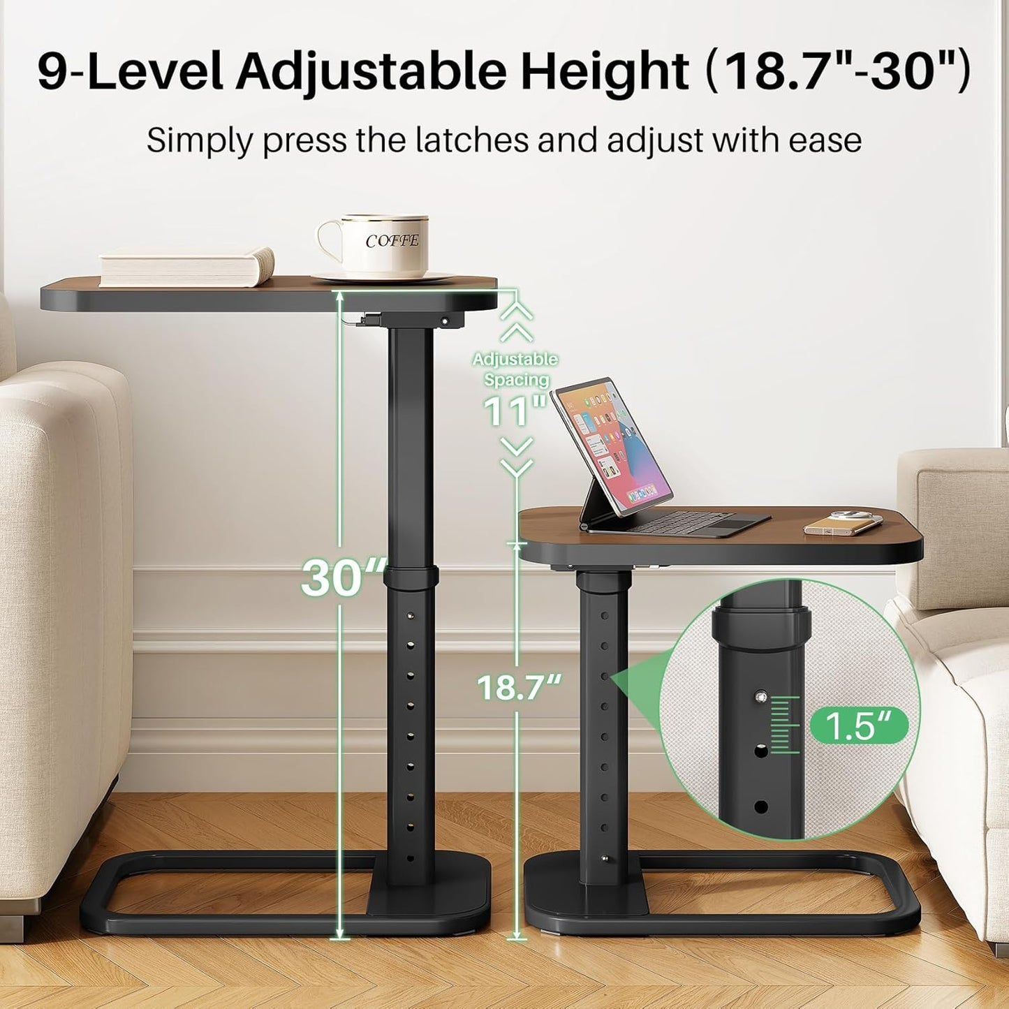 Adjustable Height TV Tray Table & C-Shaped Couch Snack Table