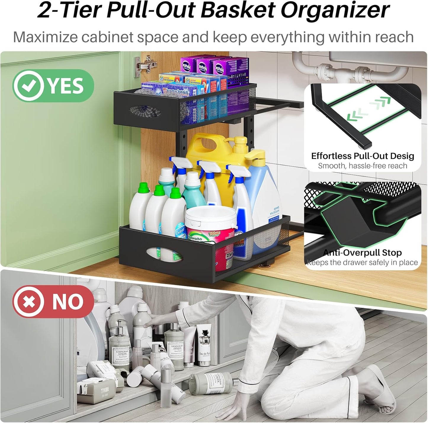 2-Tier L-Shaped Adjustable Height Under Sink Organizer & Cabinet Storage