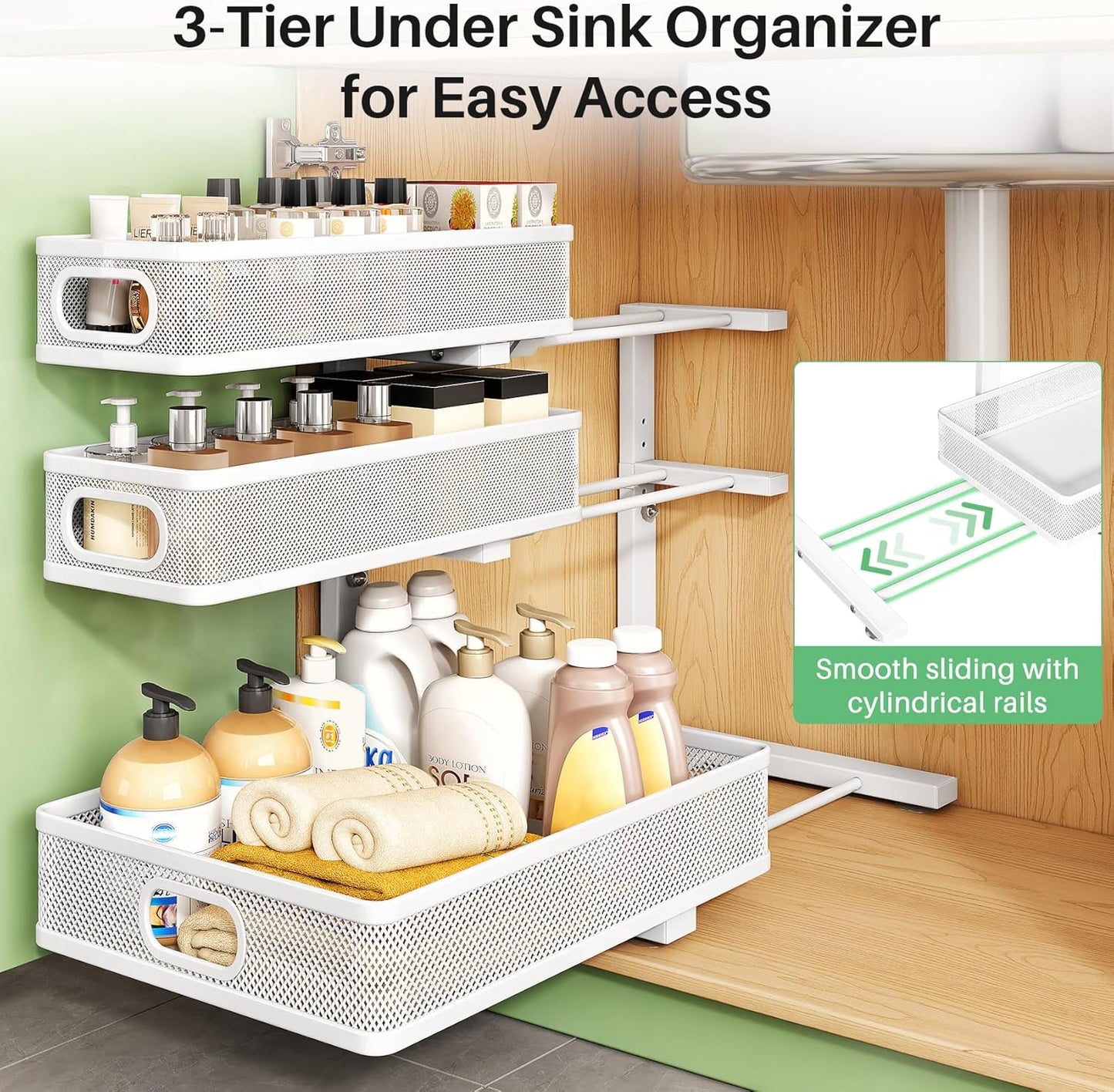 3-Tier Height Adjustable Slide Out Under Sink Organizer & Cabinet Storage