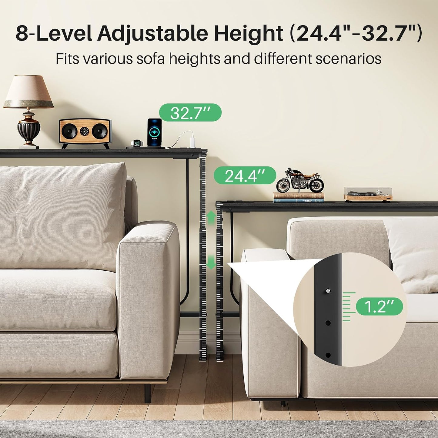 Adjustable Height Narrow Sofa Table with Charging Station & Modular Design