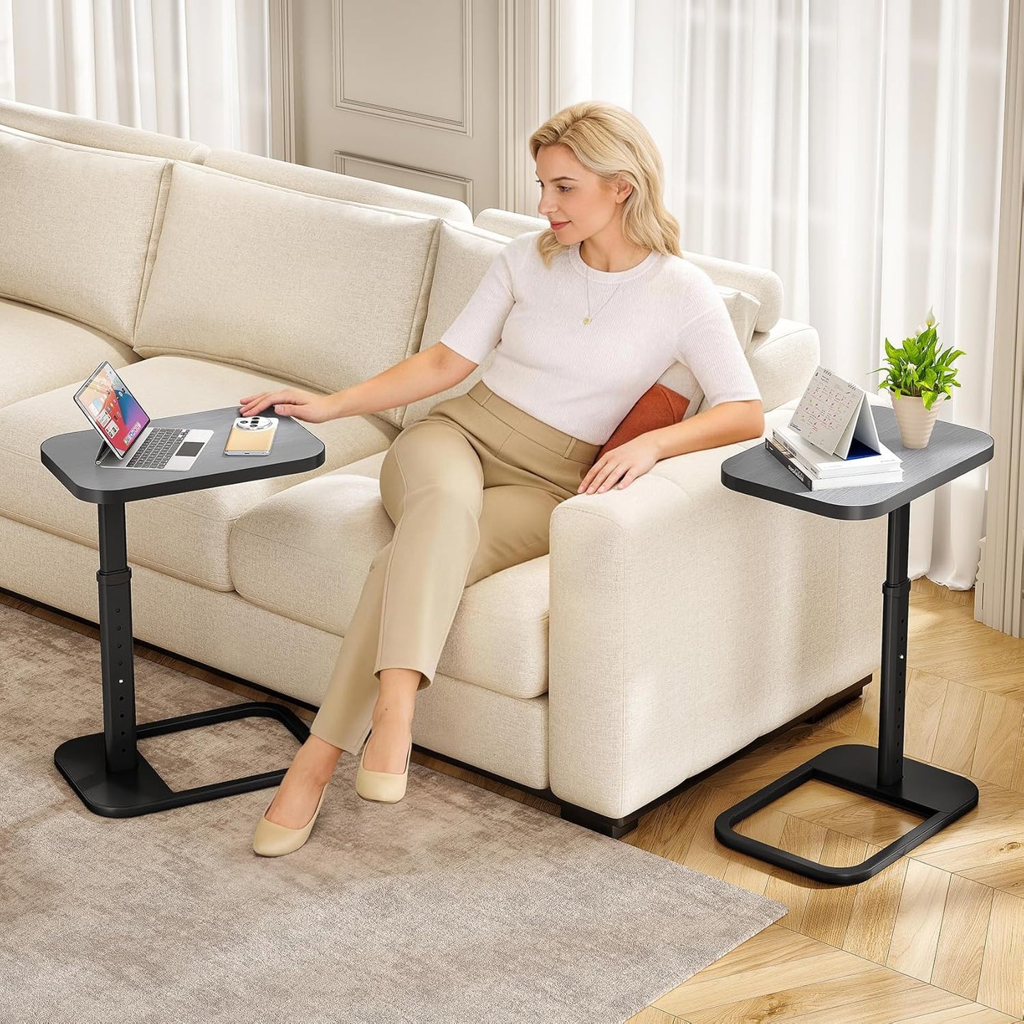 Adjustable Height C-Shaped End Table & Sliding TV Tray Couch Table