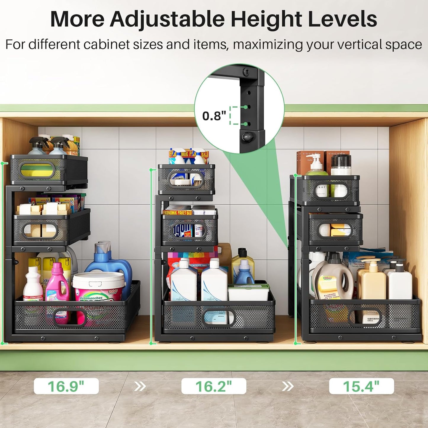 3-Tier Height Adjustable Slide Out Under Sink Organizer & Cabinet Storage