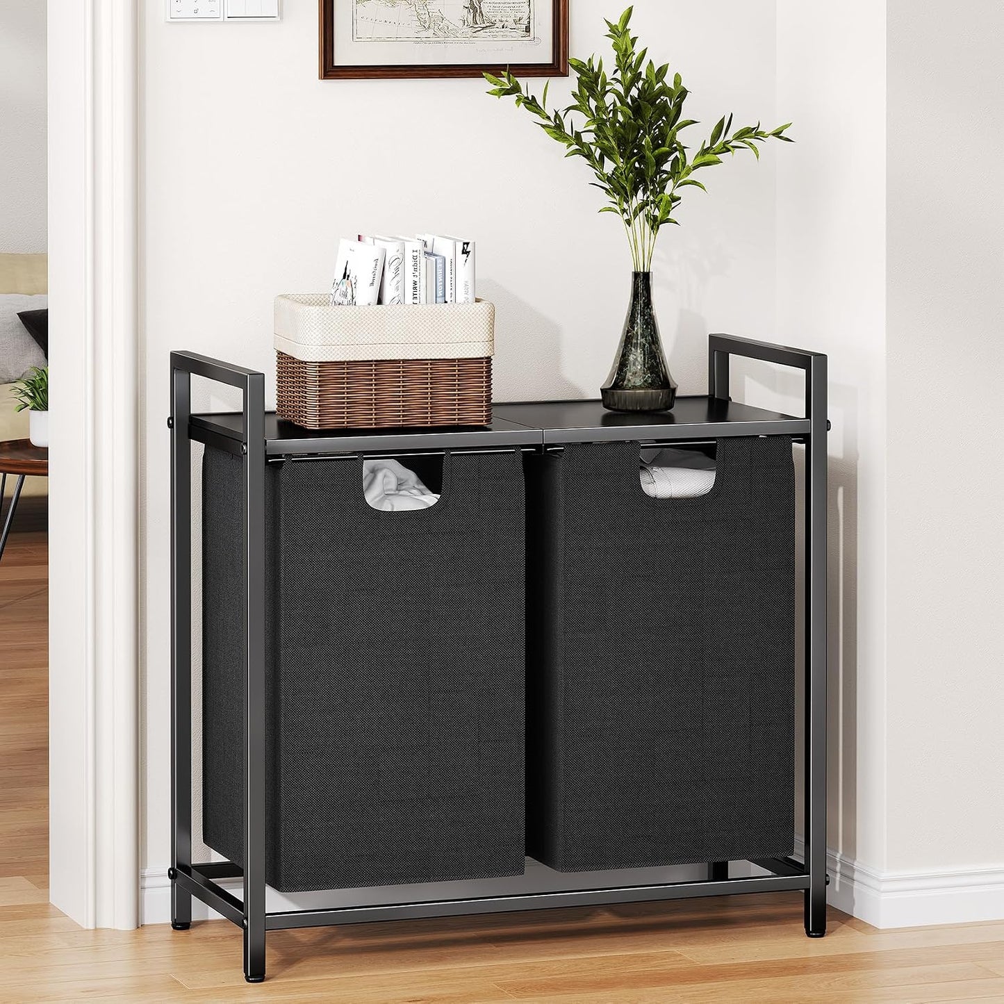 Laundry Hamper Organizer with Storage Shelf & Pull Out Bags