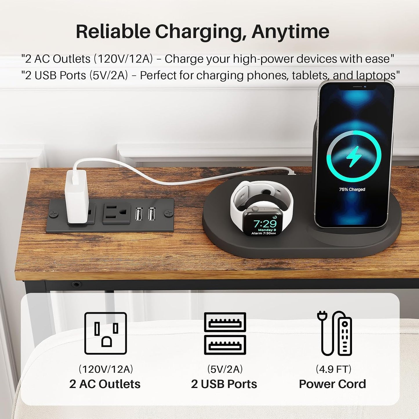 Adjustable Height Narrow Sofa Table with Charging Station & Modular Design