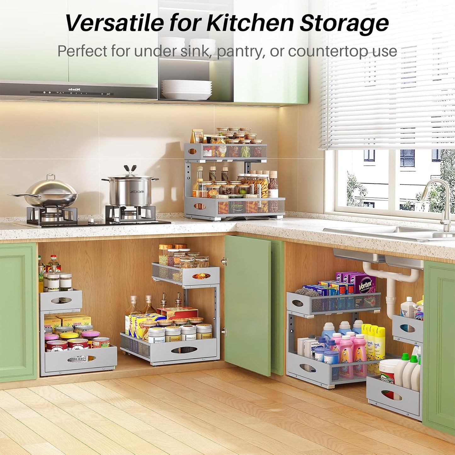 2-Tier L-Shaped Adjustable Height Under Sink Organizer & Cabinet Storage