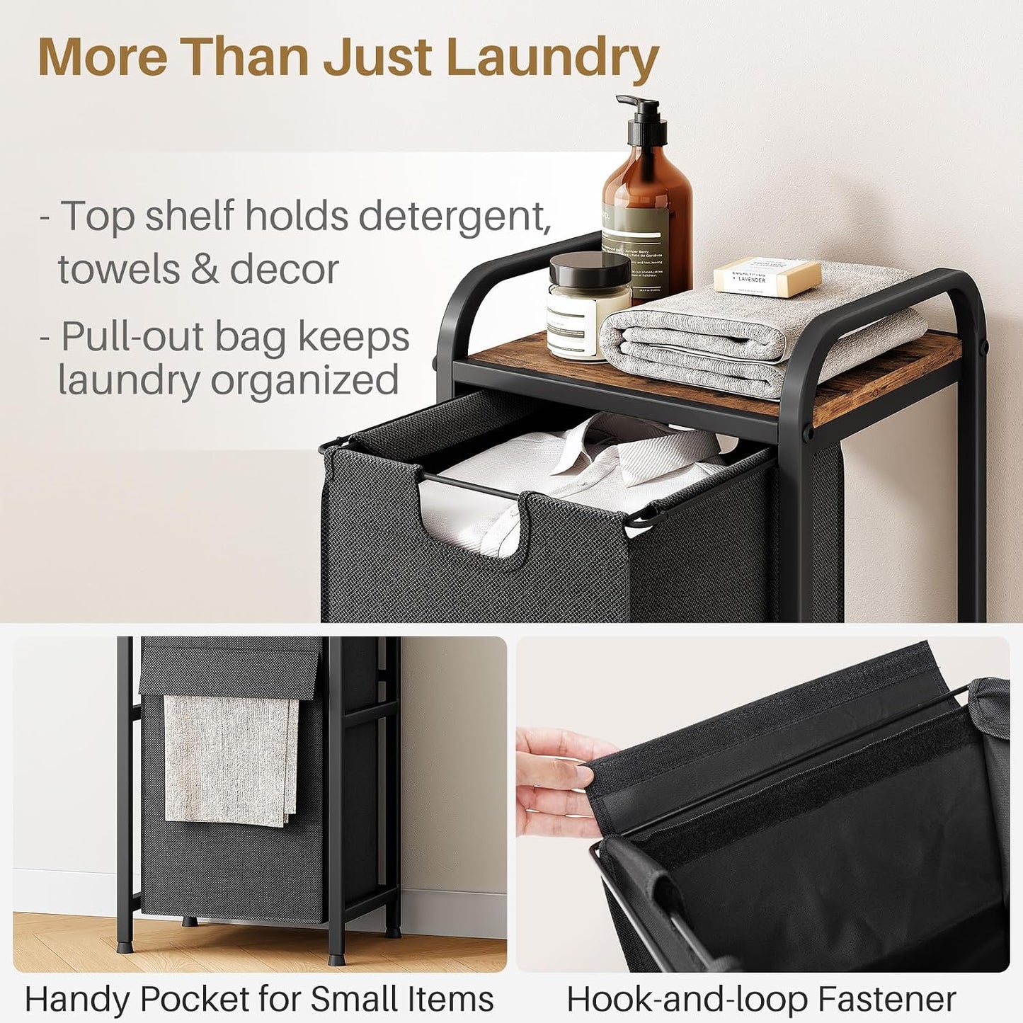 Laundry Hamper Organizer with Storage Shelf & Pull Out Bags