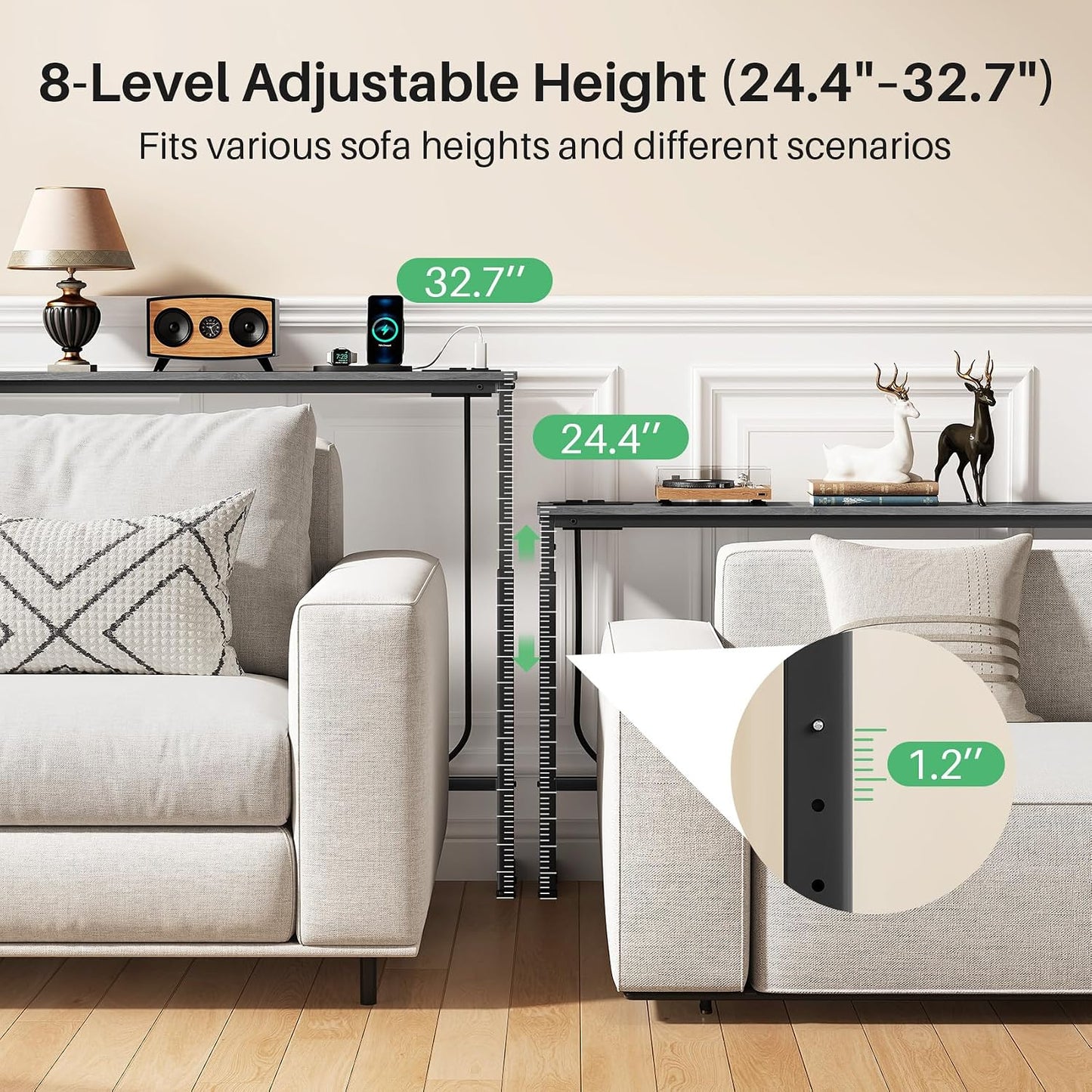 Adjustable Height Narrow Sofa Table with Charging Station & Modular Design