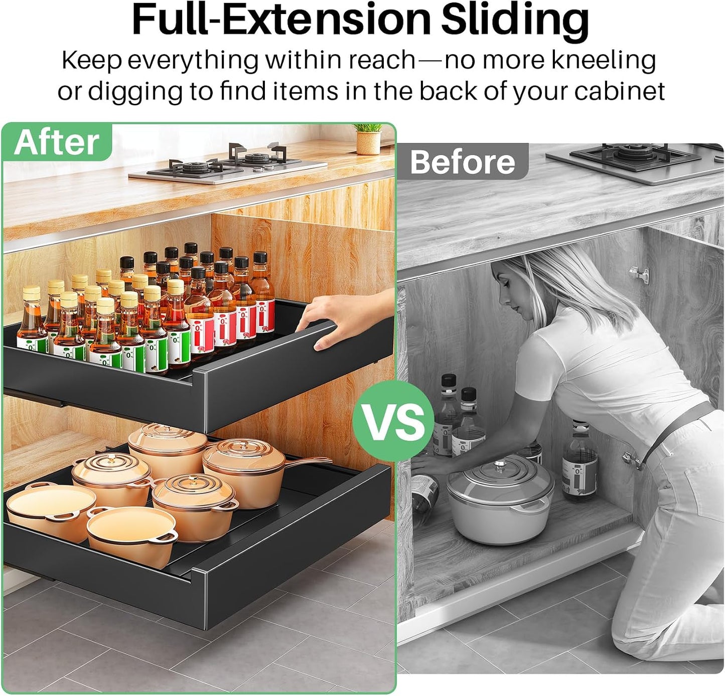 Heavy Duty Full-Extension Slide Out Cabinet Organizer with Nano Adhesive