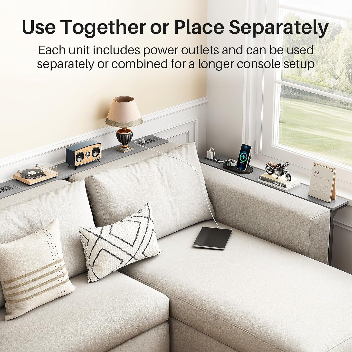 Adjustable Height Narrow Sofa Table with Charging Station & Modular Design