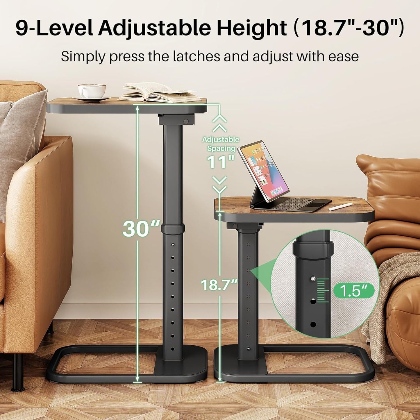 Adjustable Height TV Tray Table & C-Shaped Couch Snack Table