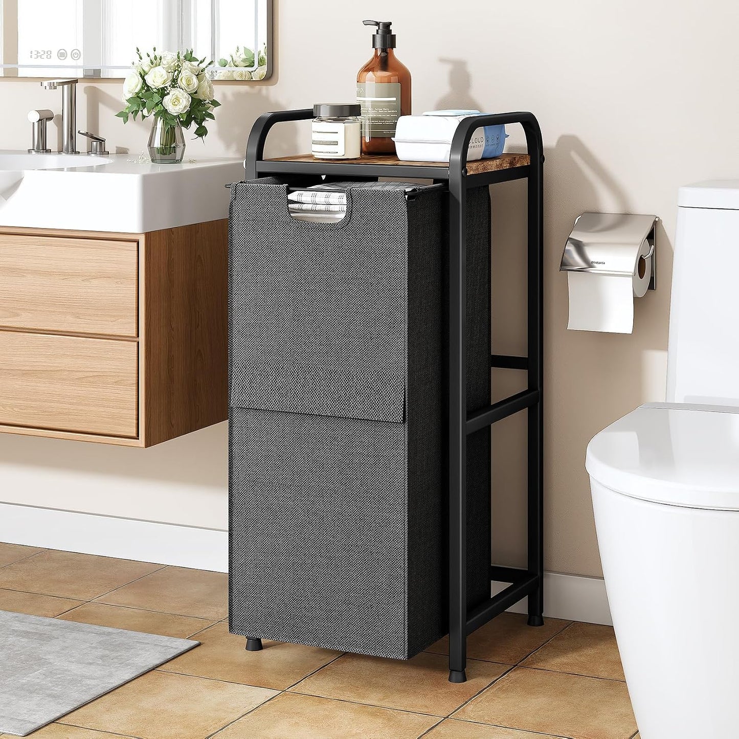 Laundry Hamper Organizer with Storage Shelf & Pull Out Bags