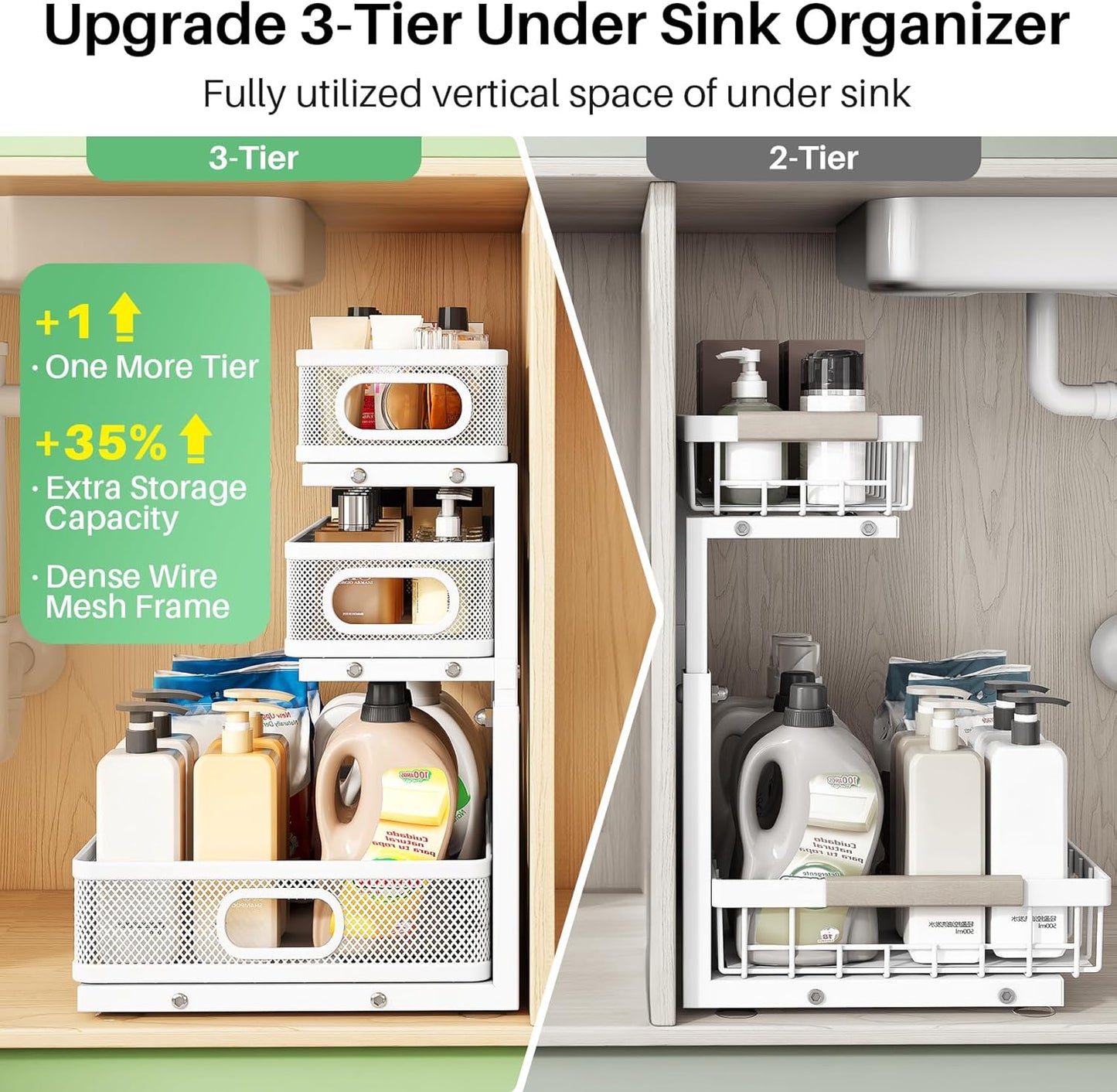 3-Tier Height Adjustable Slide Out Under Sink Organizer & Cabinet Storage