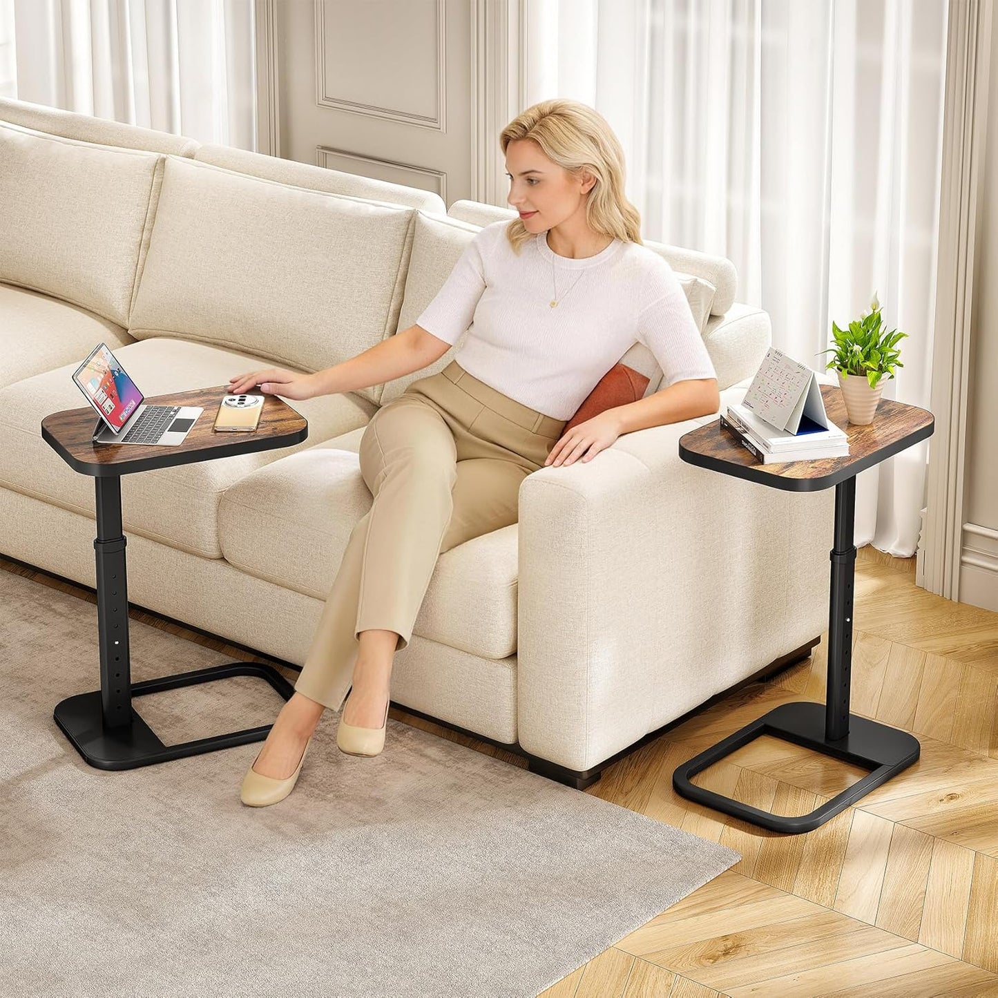 Adjustable Height C-Shaped End Table & Sliding TV Tray Couch Table