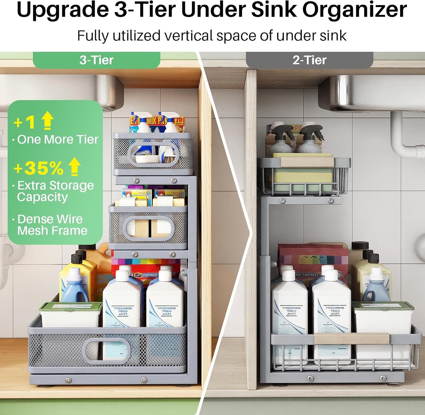 3-Tier Height Adjustable Slide Out Under Sink Organizer & Cabinet Storage
