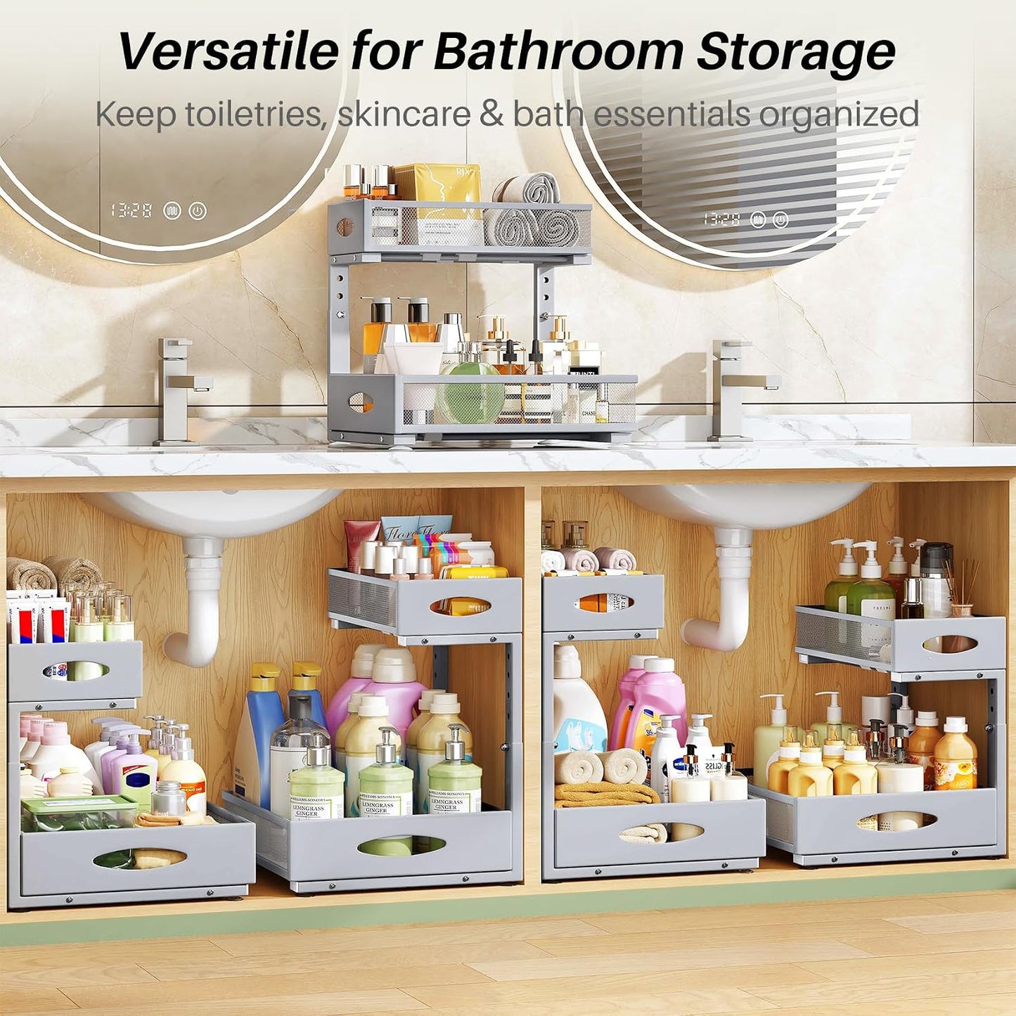 2-Tier L-Shaped Adjustable Height Under Sink Organizer & Cabinet Storage