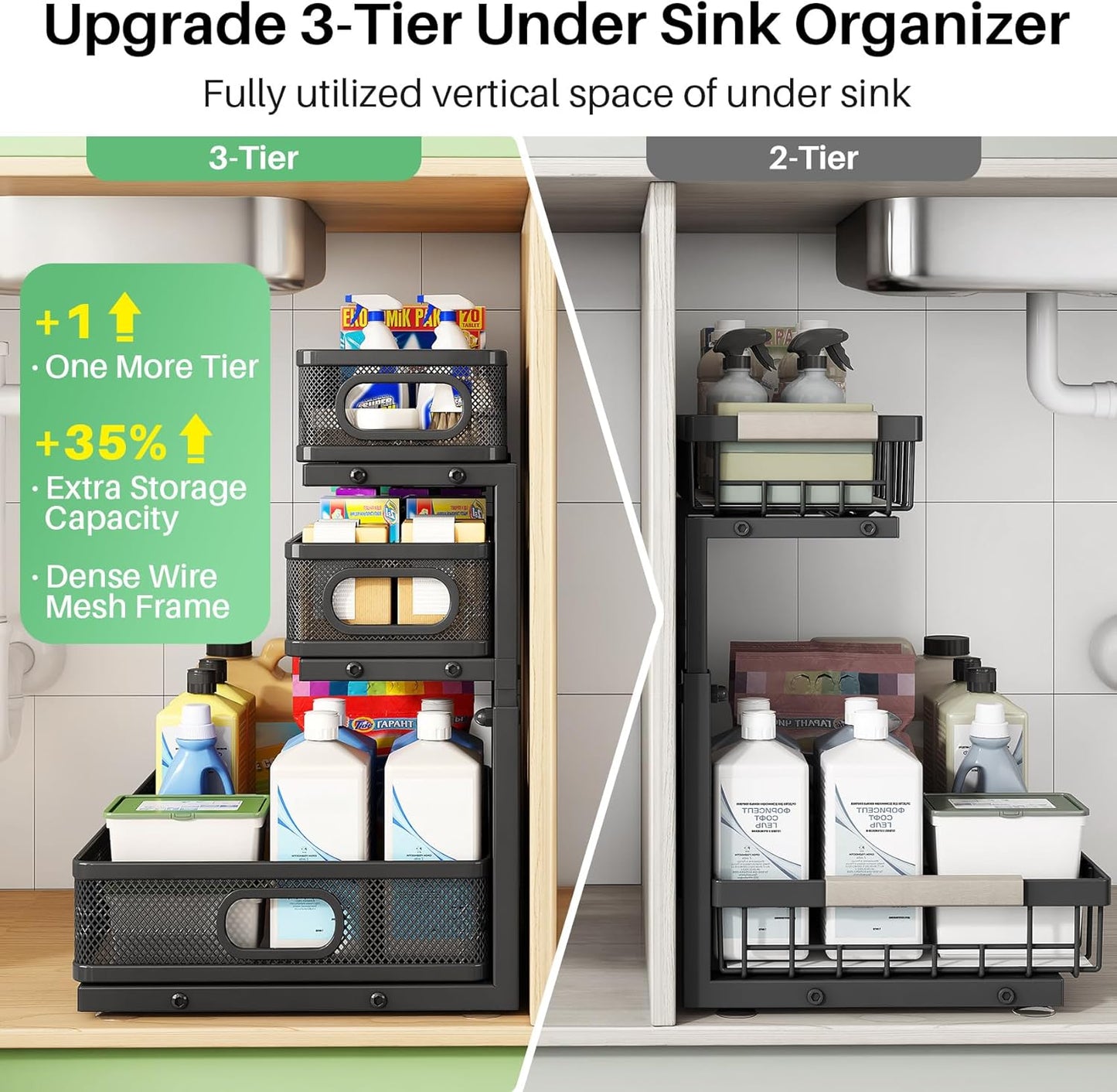 3-Tier Height Adjustable Slide Out Under Sink Organizer & Cabinet Storage