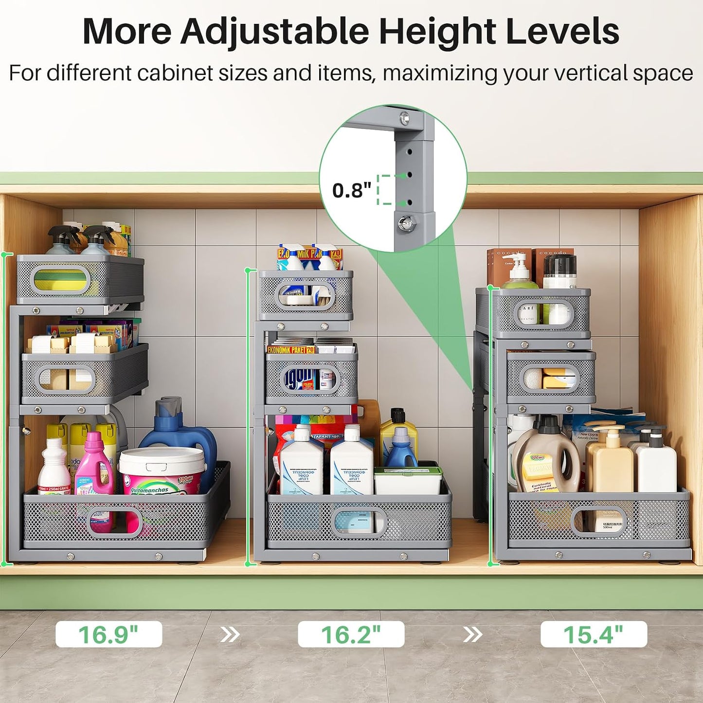 3-Tier Height Adjustable Slide Out Under Sink Organizer & Cabinet Storage