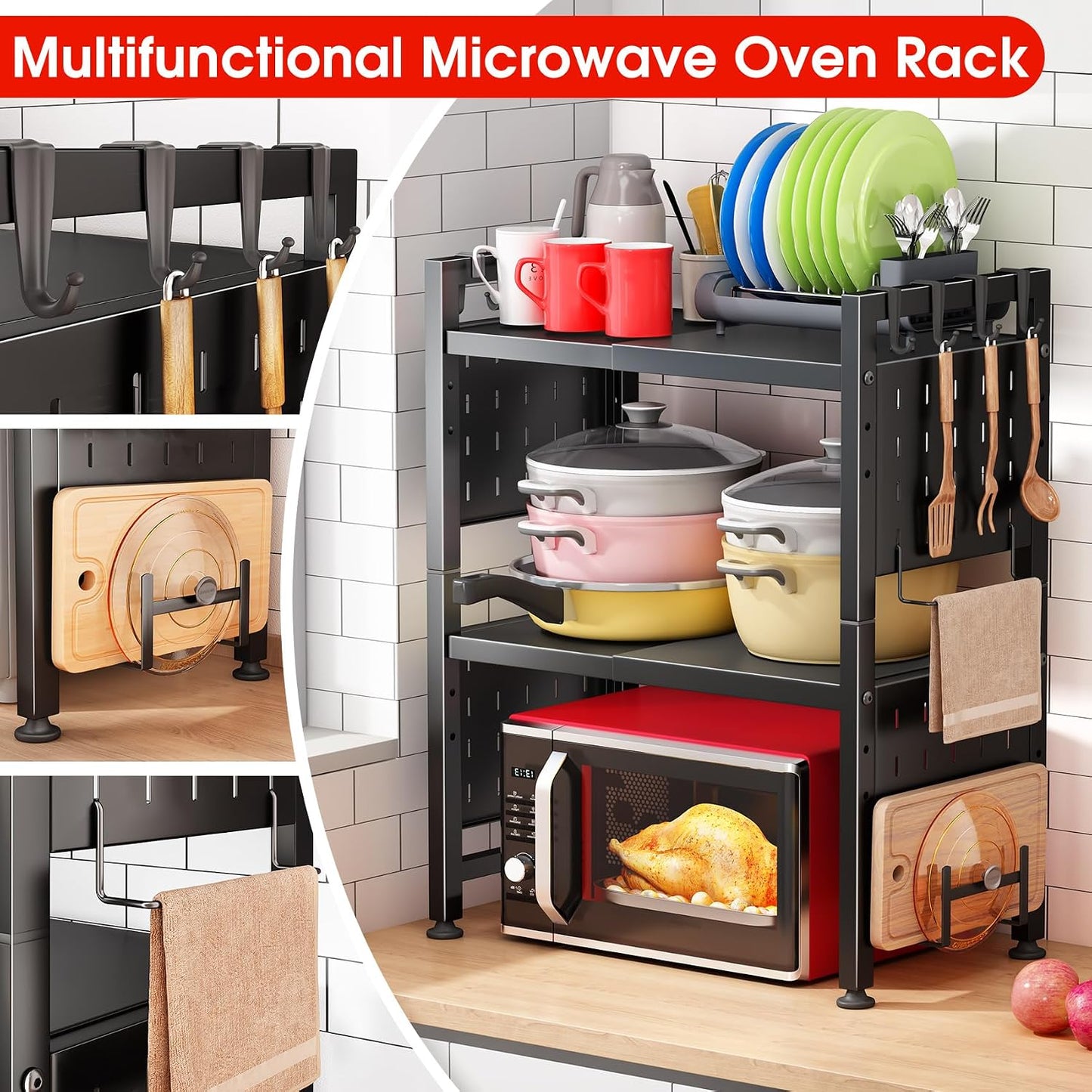Expandable 2-Tier Microwave Stand & Heavy Duty Countertop Storage Rack