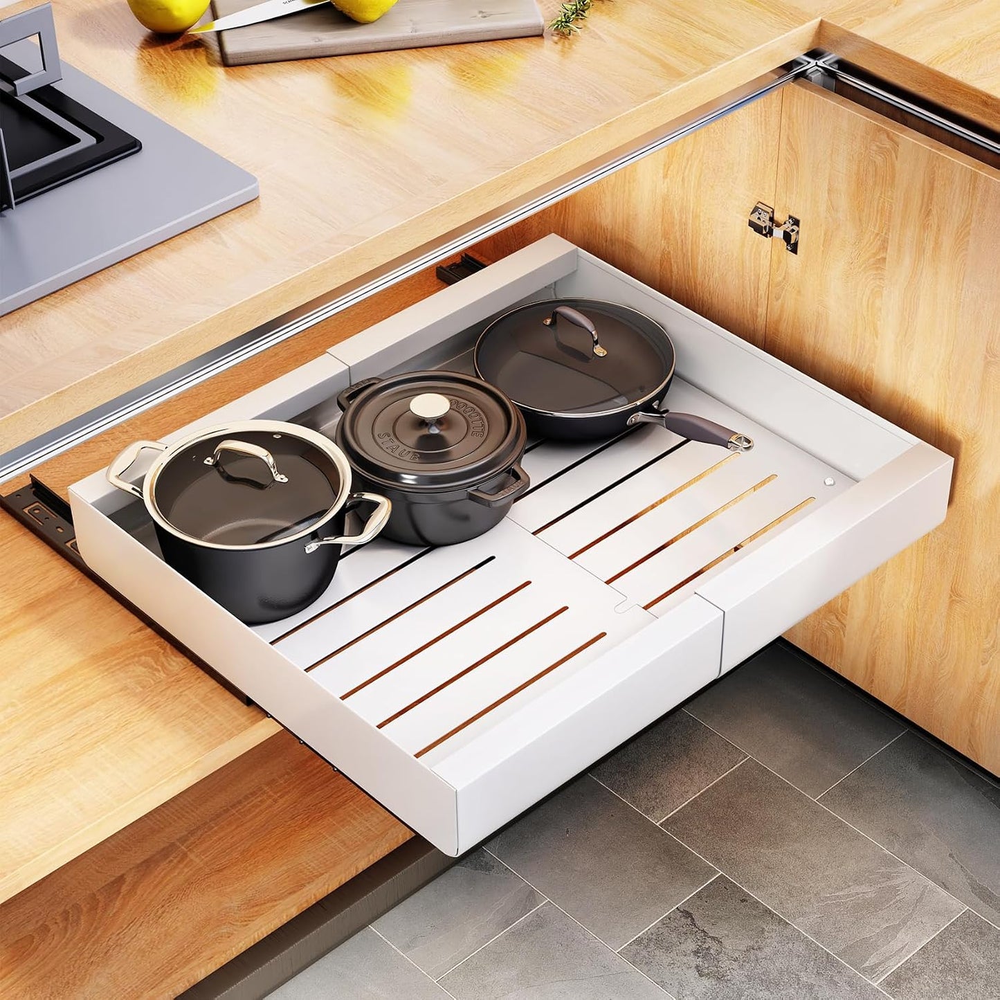 Expandable Stainless Steel Pull Out Cabinet Organizer & Slide Out Drawer