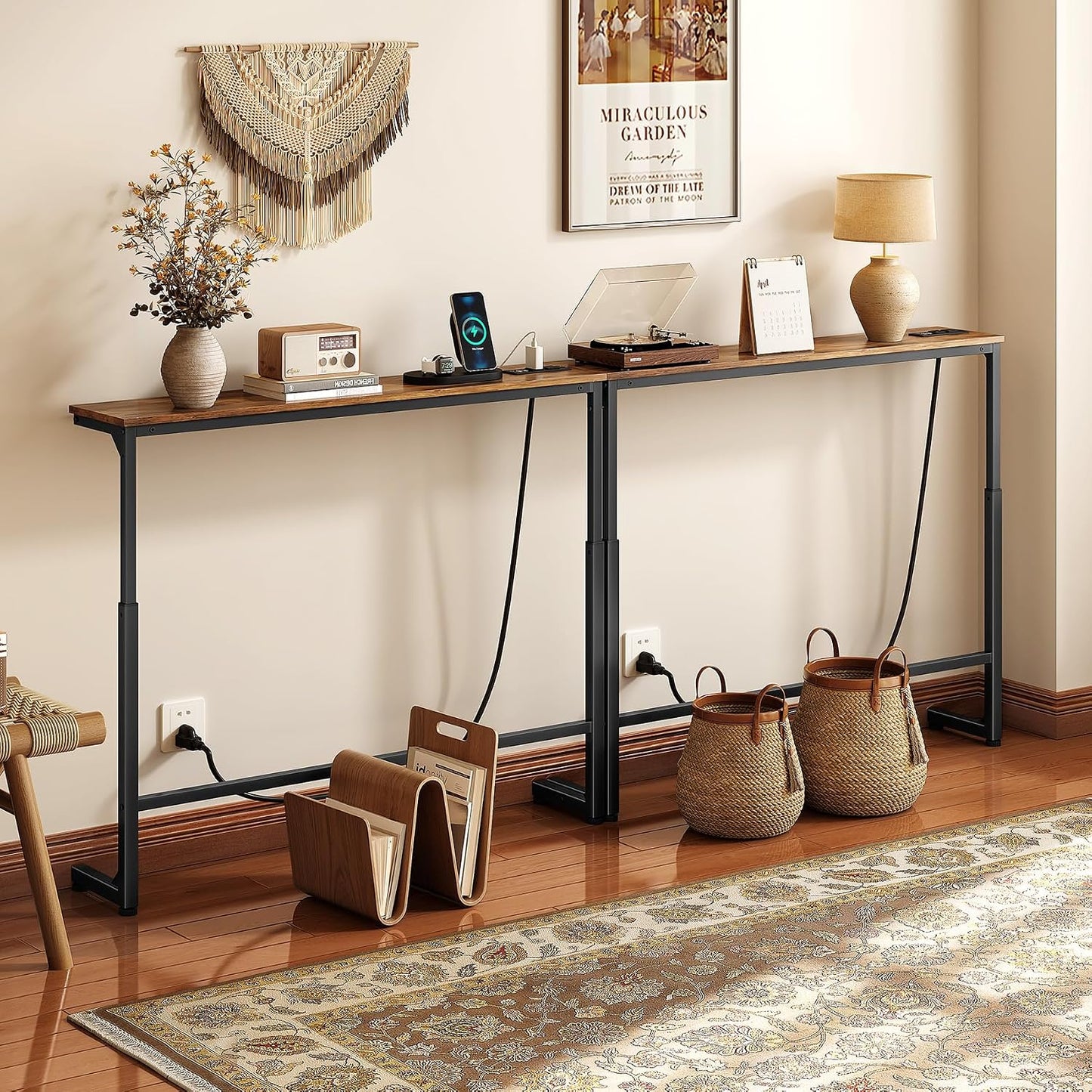Adjustable Height Narrow Sofa Table with Charging Station & Modular Design