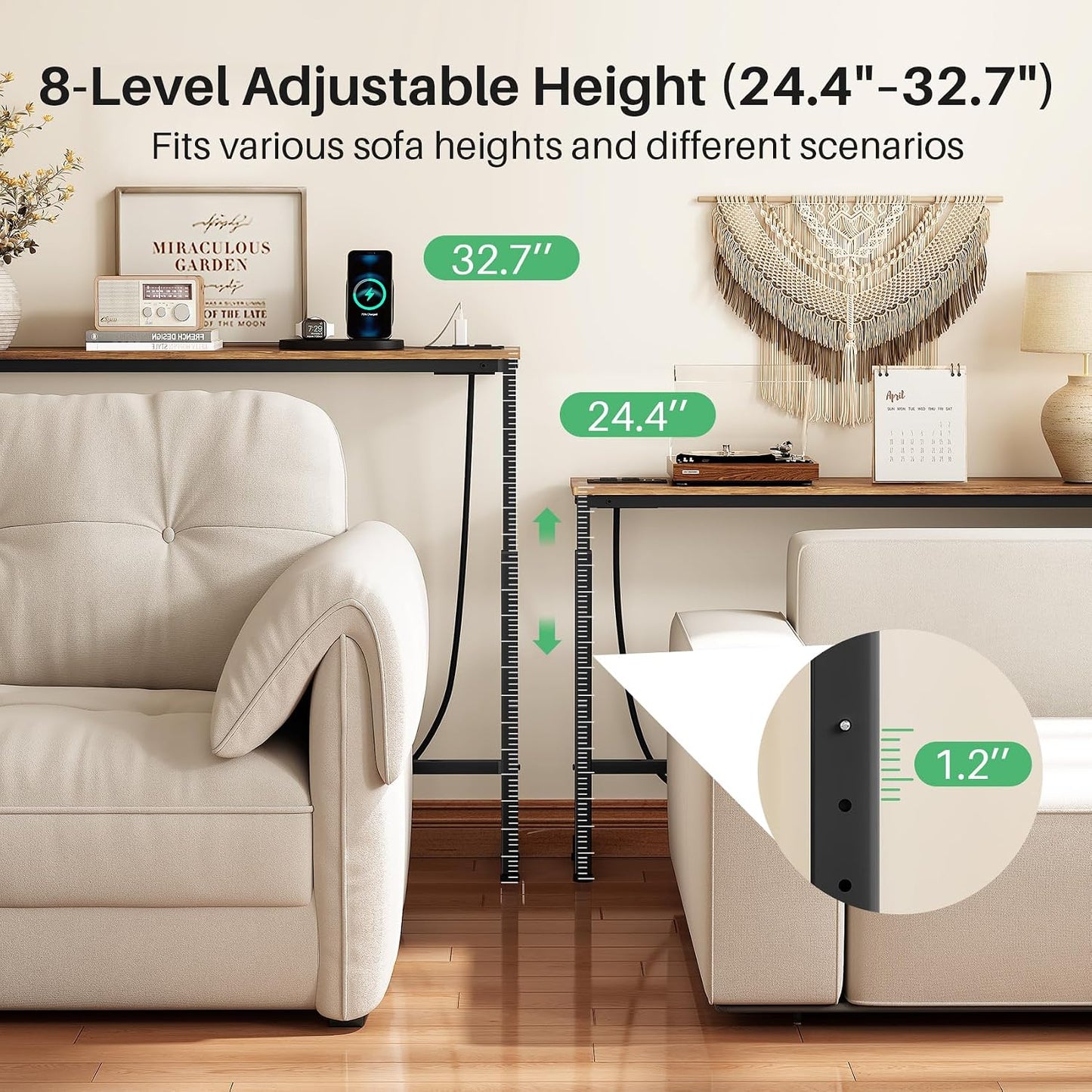 Adjustable Height Narrow Sofa Table with Charging Station & Modular Design