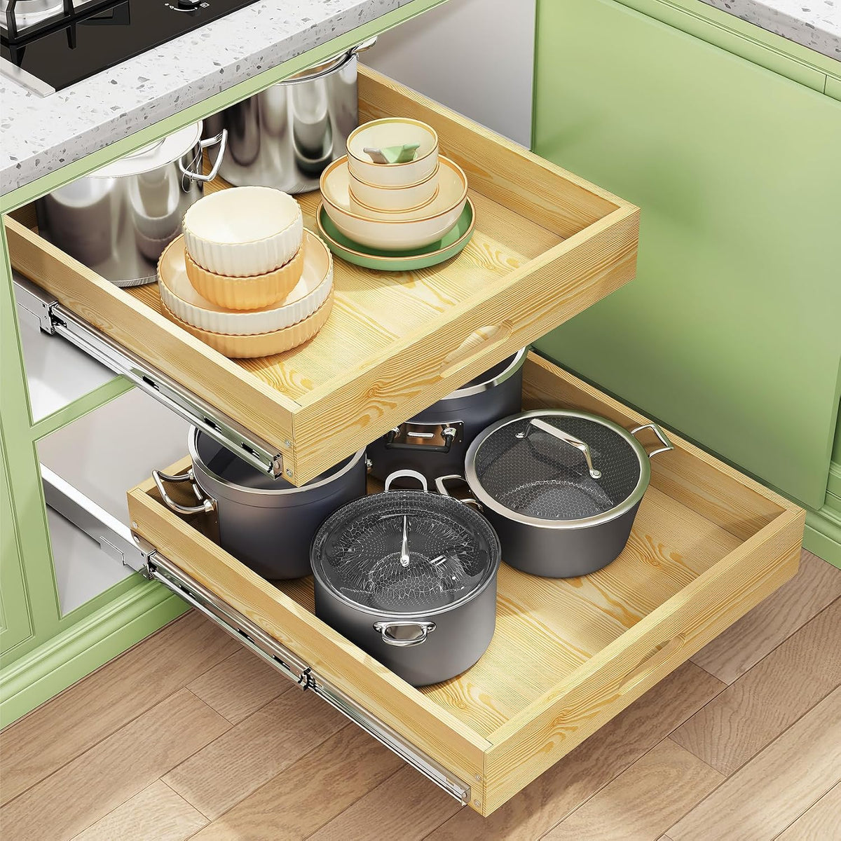 Soft Close Wooden Pull Out Cabinet Organizer for Pots and Pans