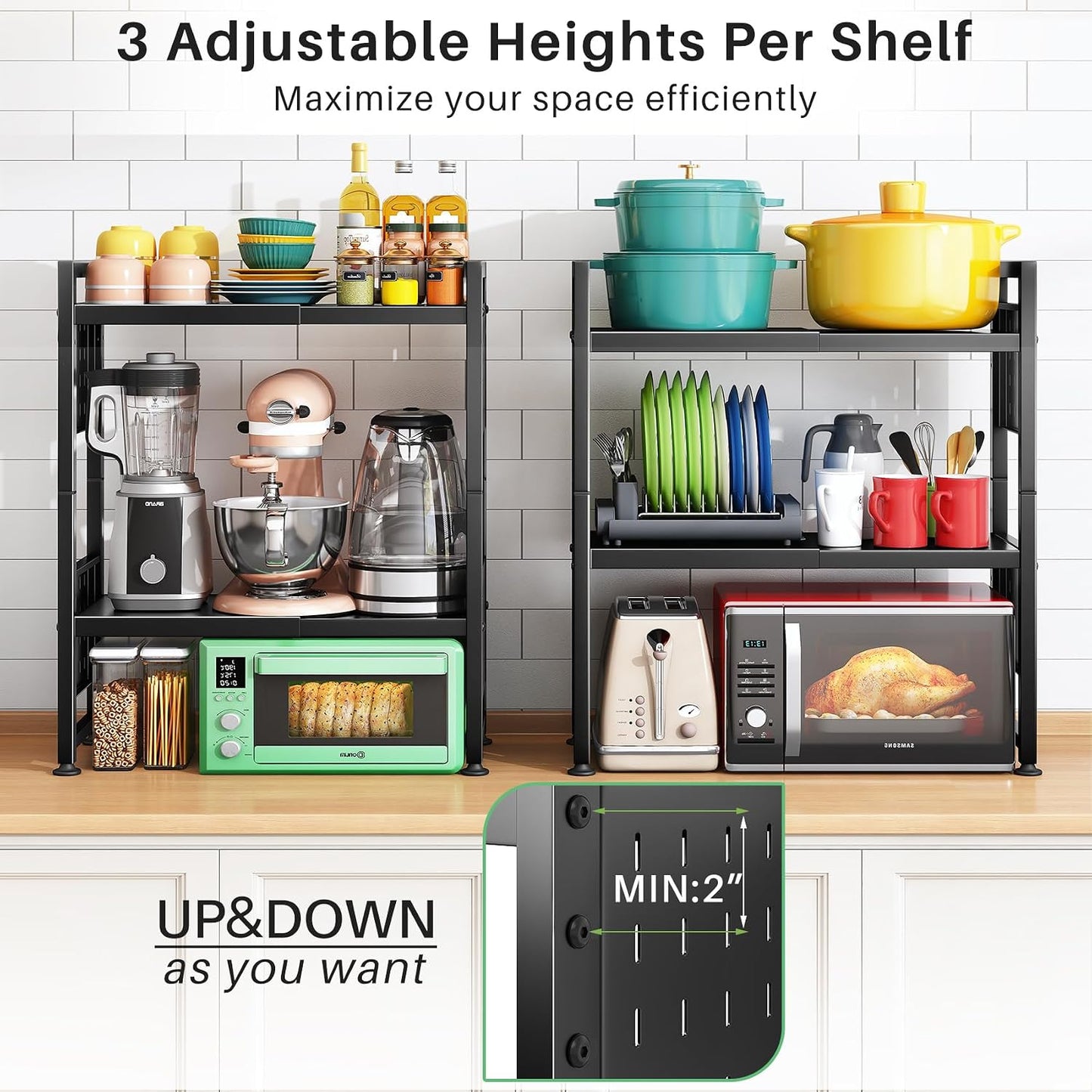 Expandable 2-Tier Microwave Stand & Heavy Duty Countertop Storage Rack