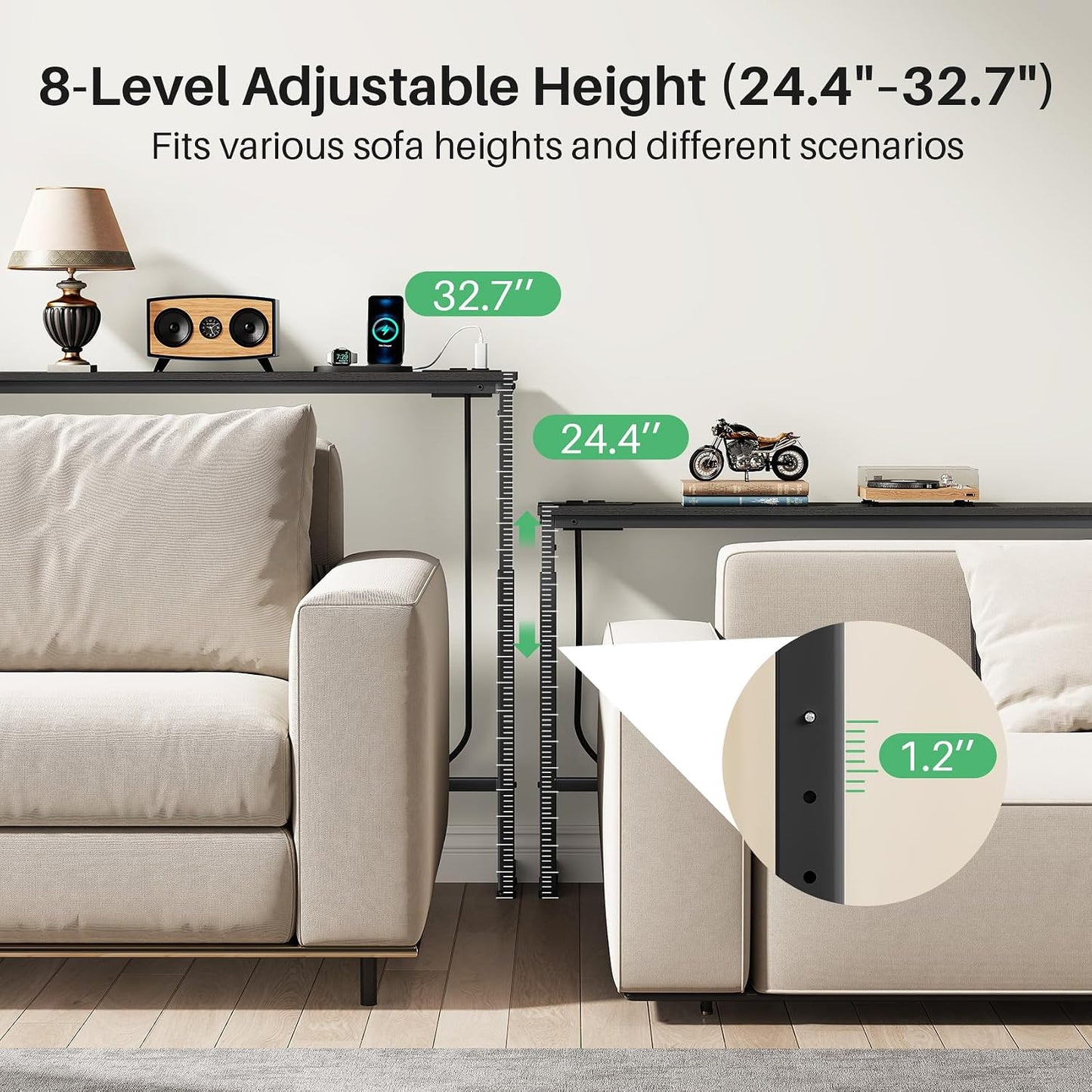 Adjustable Height Narrow Sofa Table with Charging Station & Modular Design
