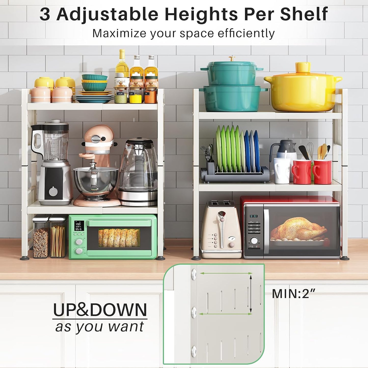 Expandable 2-Tier Microwave Stand & Heavy Duty Countertop Storage Rack
