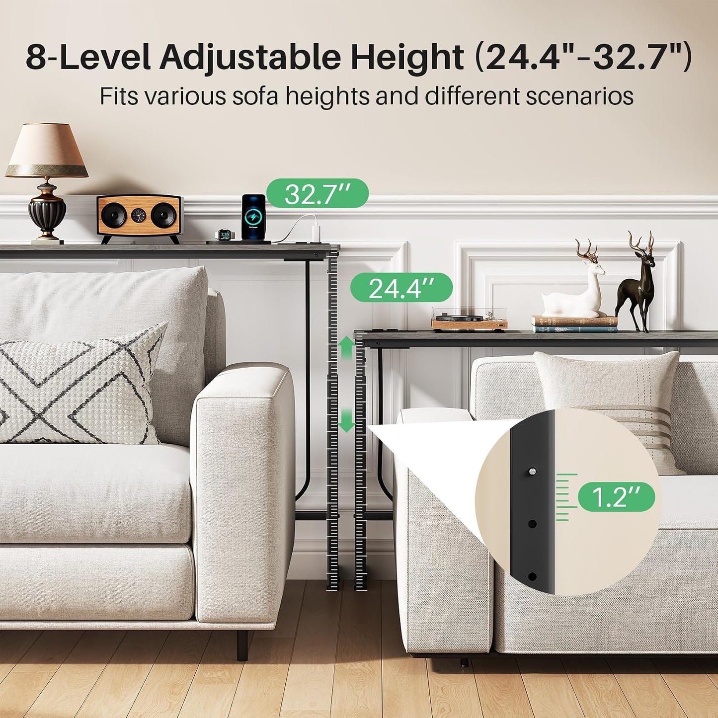 Adjustable Height Narrow Sofa Table with Charging Station & Modular Design