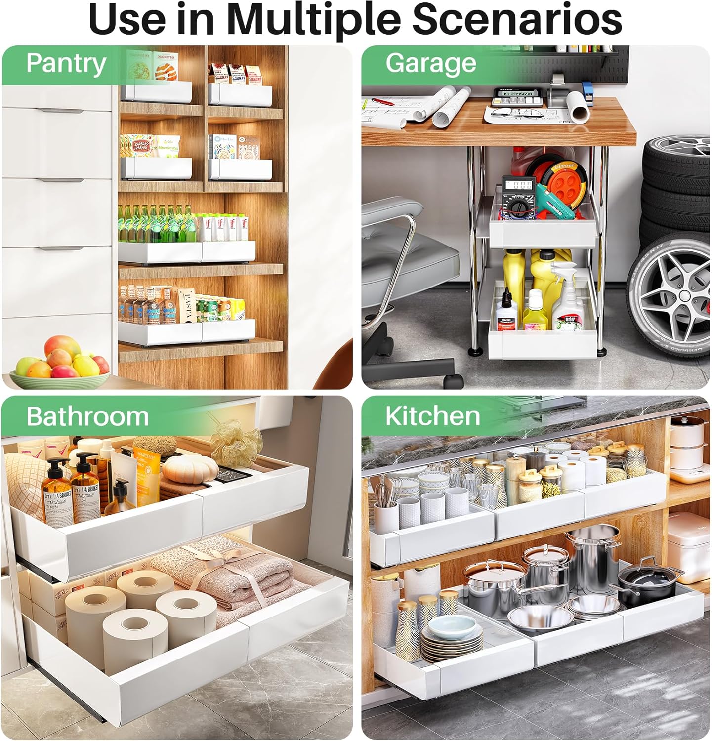 Expandable Stainless Steel Pull Out Cabinet Organizer & Slide Out Drawer