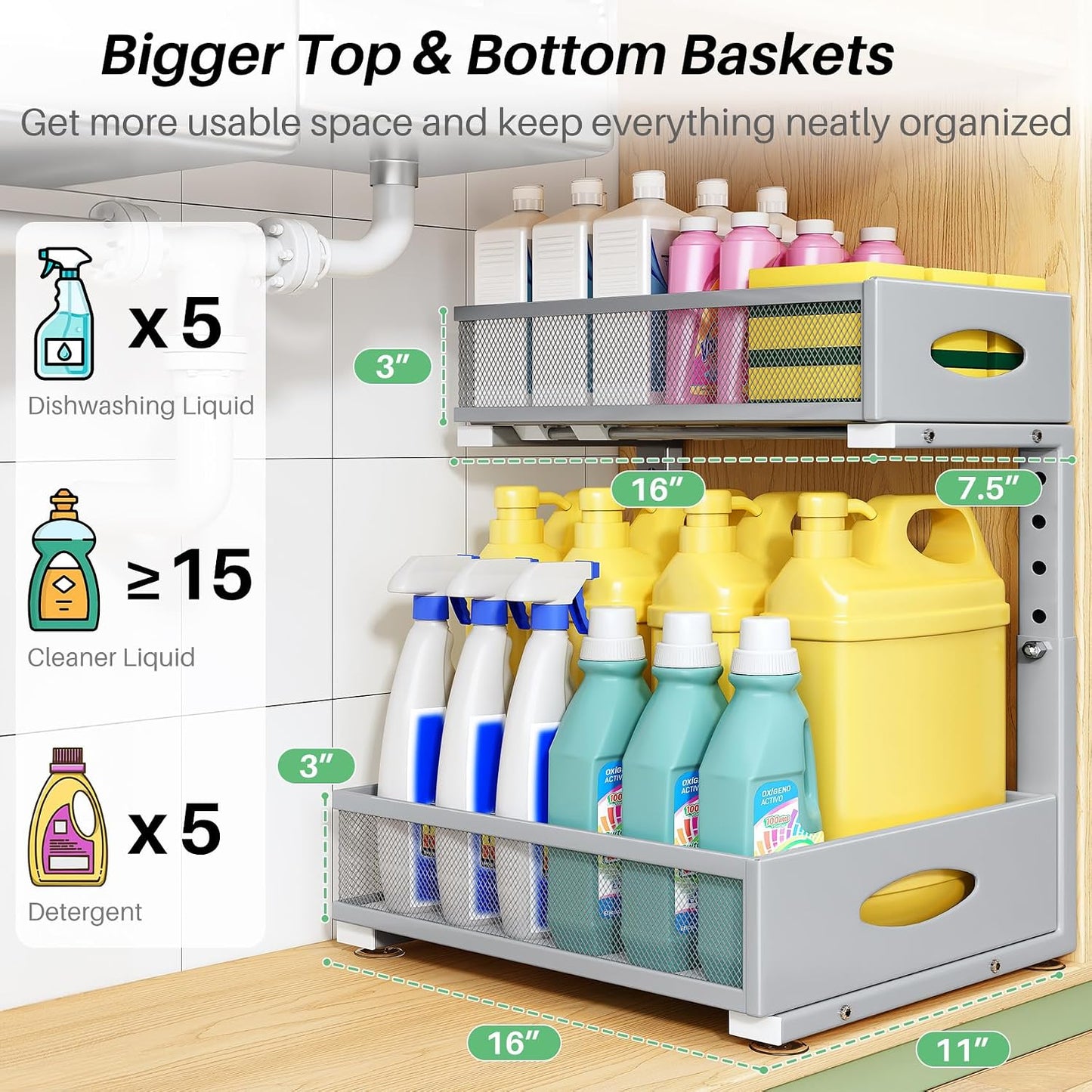 2-Tier L-Shaped Adjustable Height Under Sink Organizer & Cabinet Storage