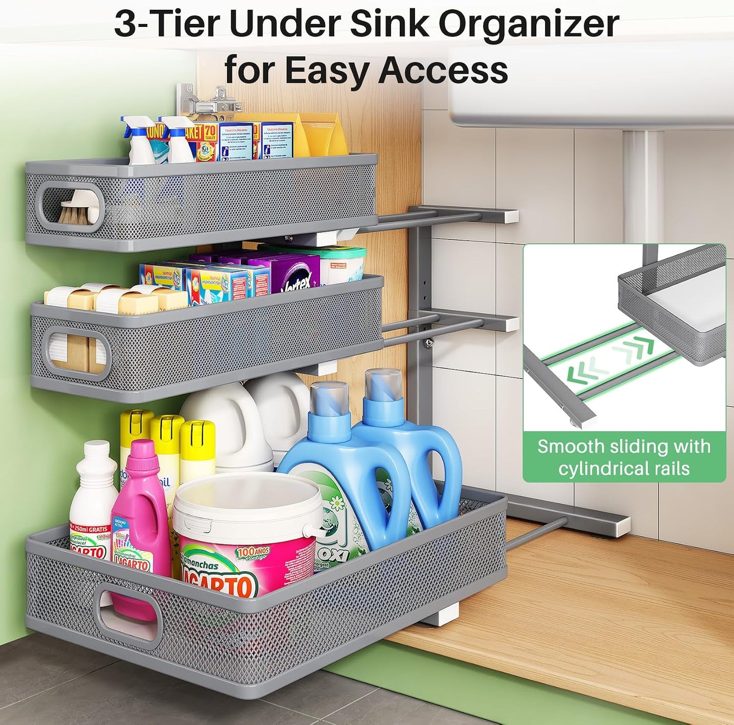 3-Tier Height Adjustable Slide Out Under Sink Organizer & Cabinet Storage