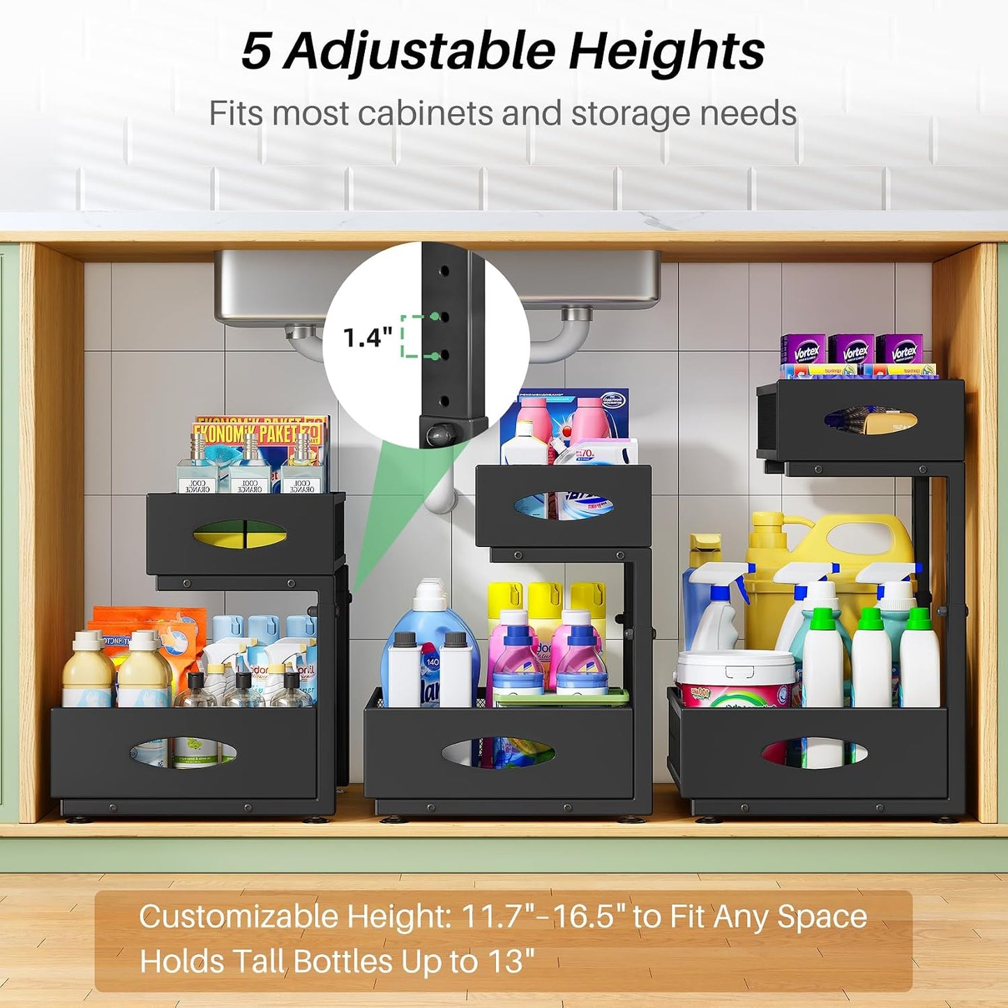 2-Tier L-Shaped Adjustable Height Under Sink Organizer & Cabinet Storage