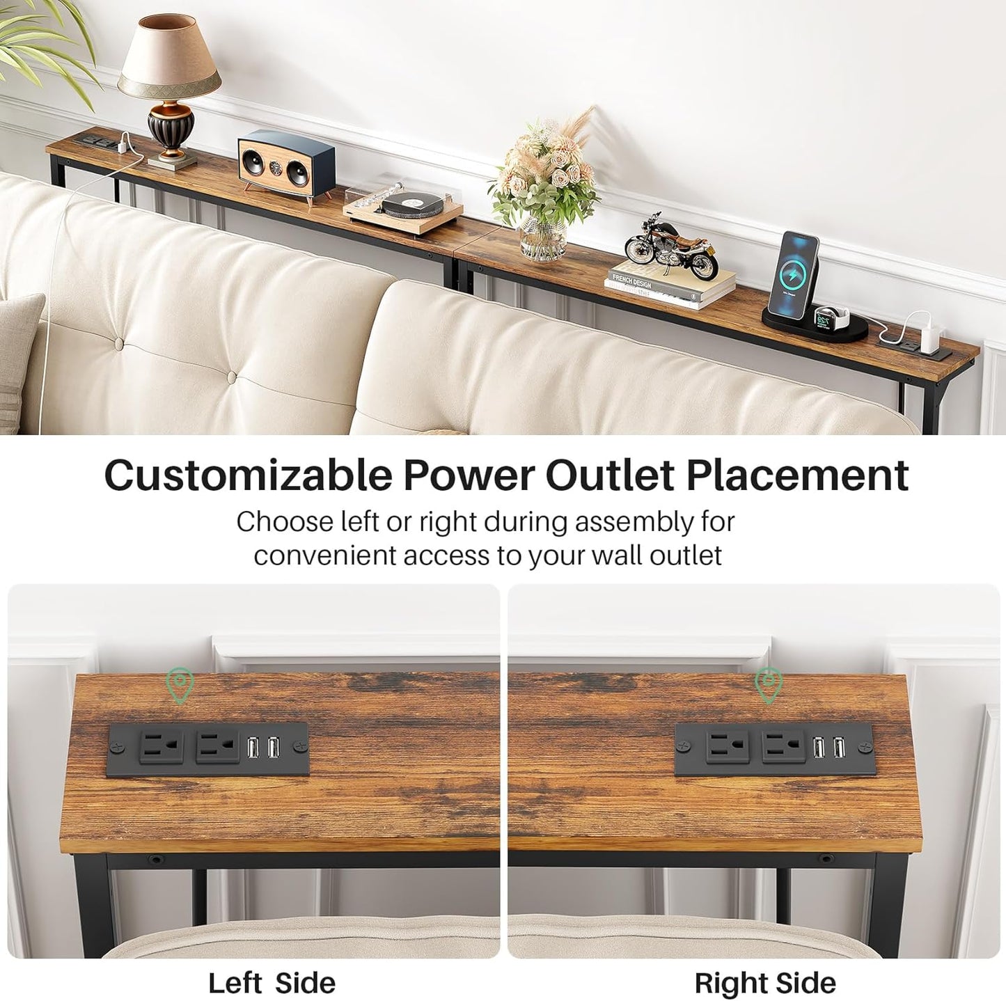 Adjustable Height Narrow Sofa Table with Charging Station & Modular Design