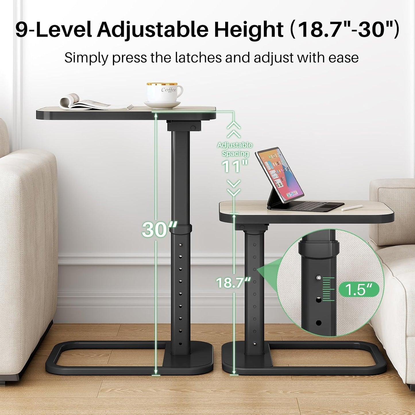 Adjustable Height TV Tray Table & C-Shaped Couch Snack Table