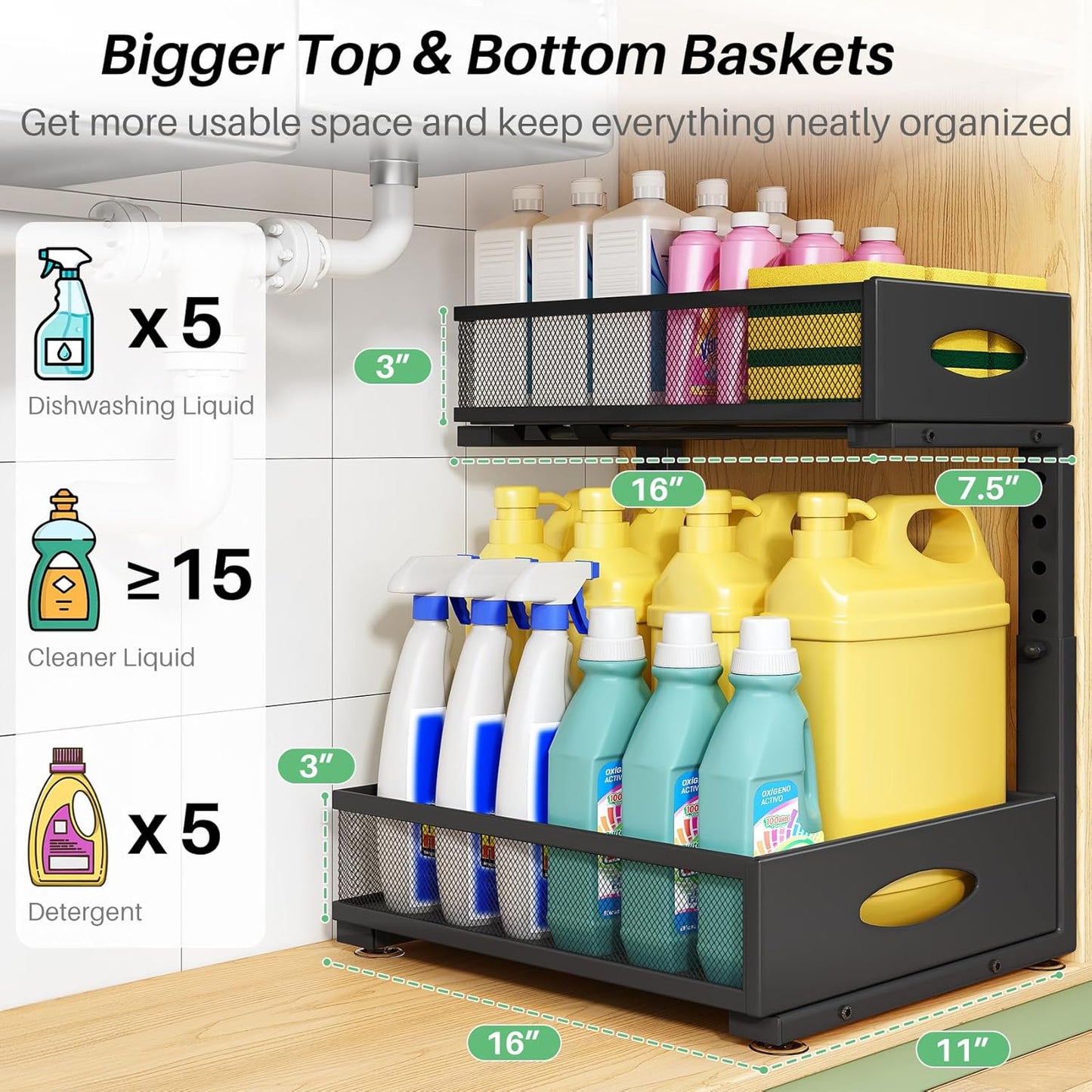 2-Tier L-Shaped Adjustable Height Under Sink Organizer & Cabinet Storage