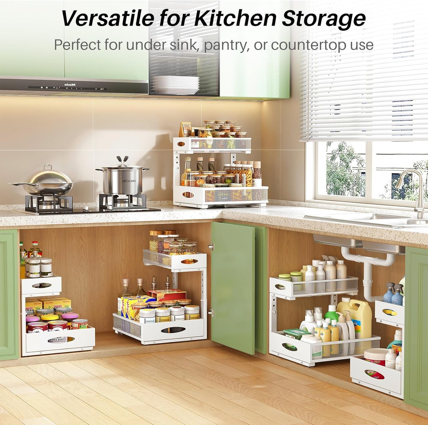 2-Tier L-Shaped Adjustable Height Under Sink Organizer & Cabinet Storage